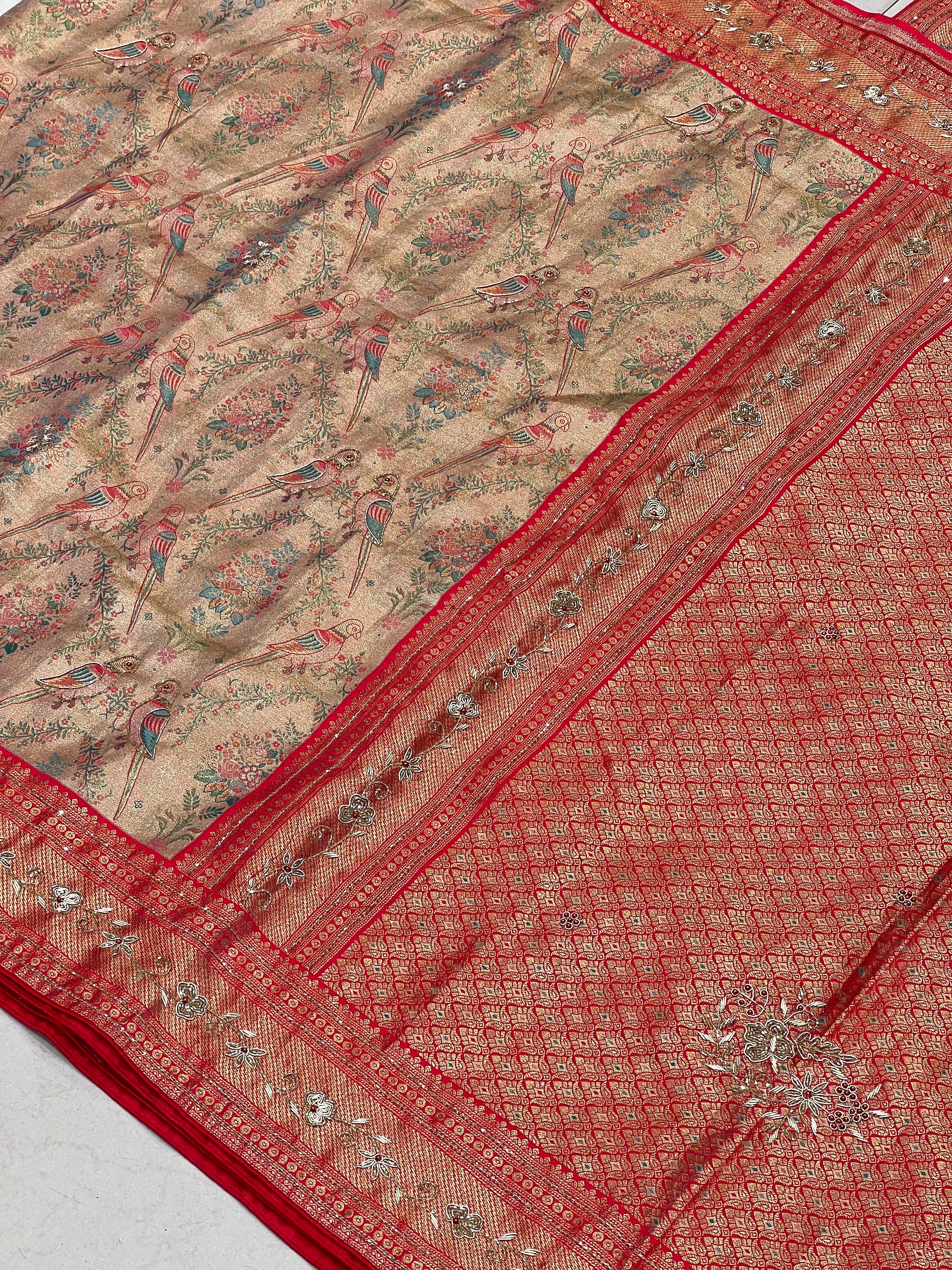 Red Parrot Tissue Kanjivaram Hand Embroidery Saree