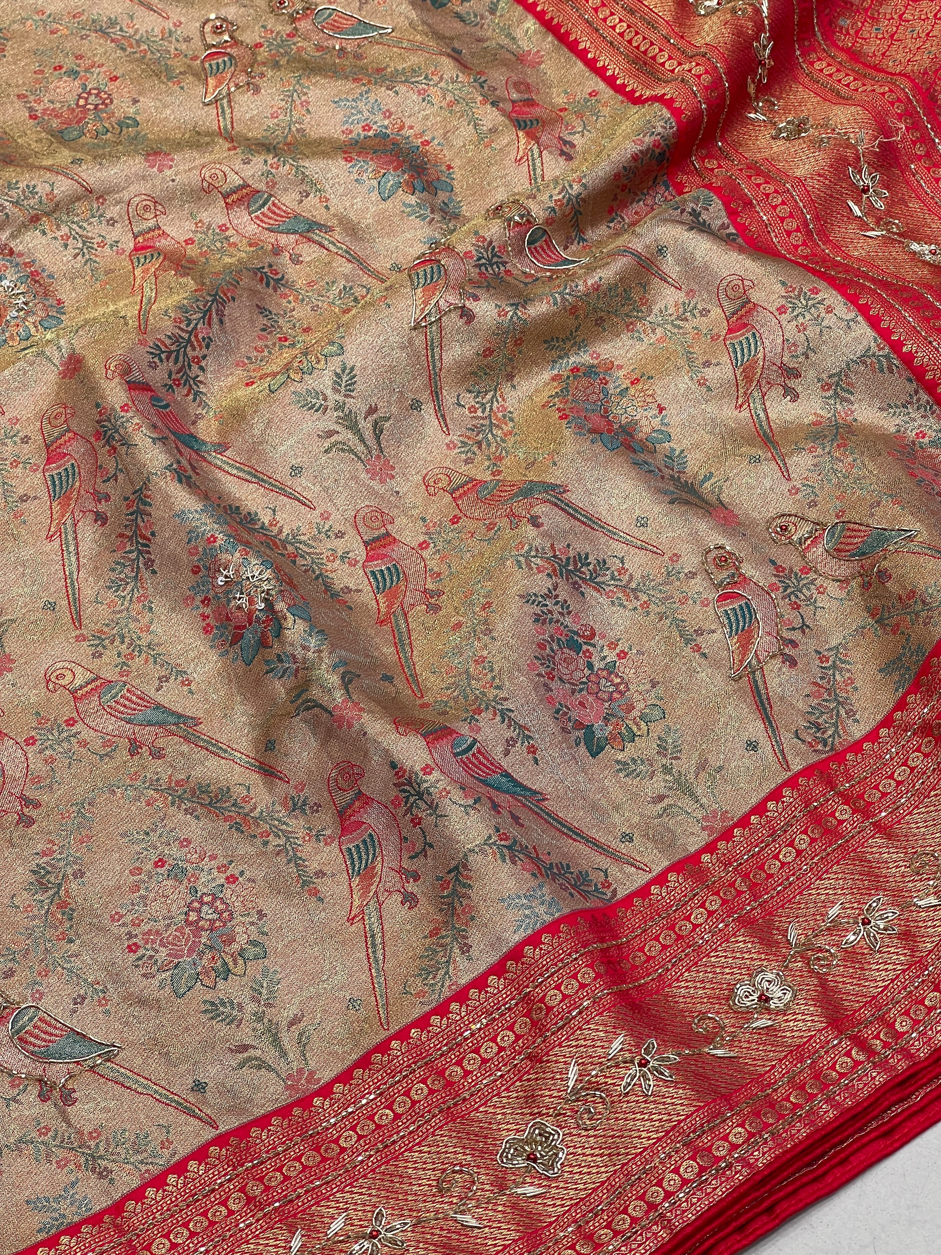 Red Parrot Tissue Kanjivaram Hand Embroidery Saree