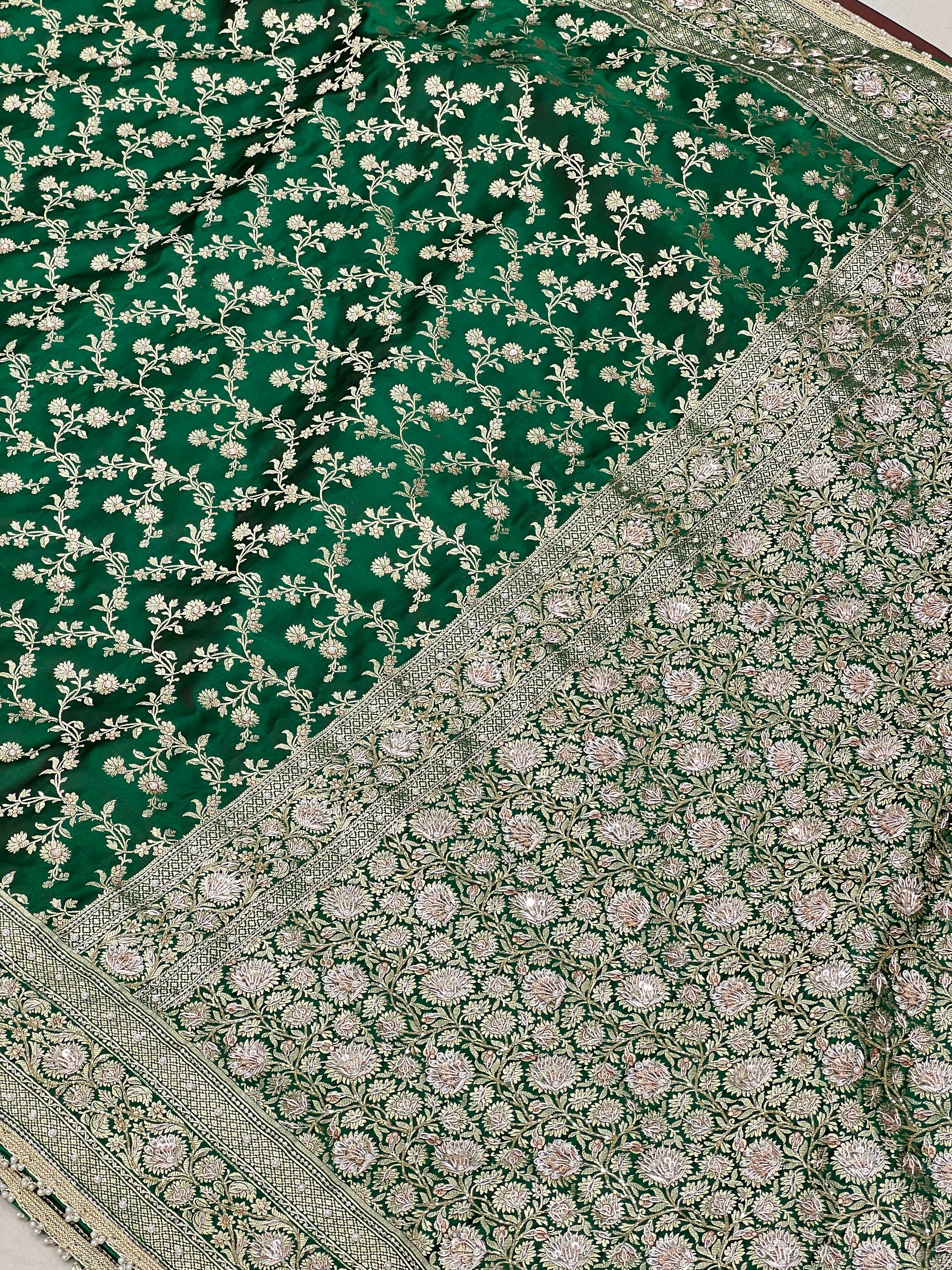 Green Banarasi Flower Border Zardozi Hand Embroidery Saree