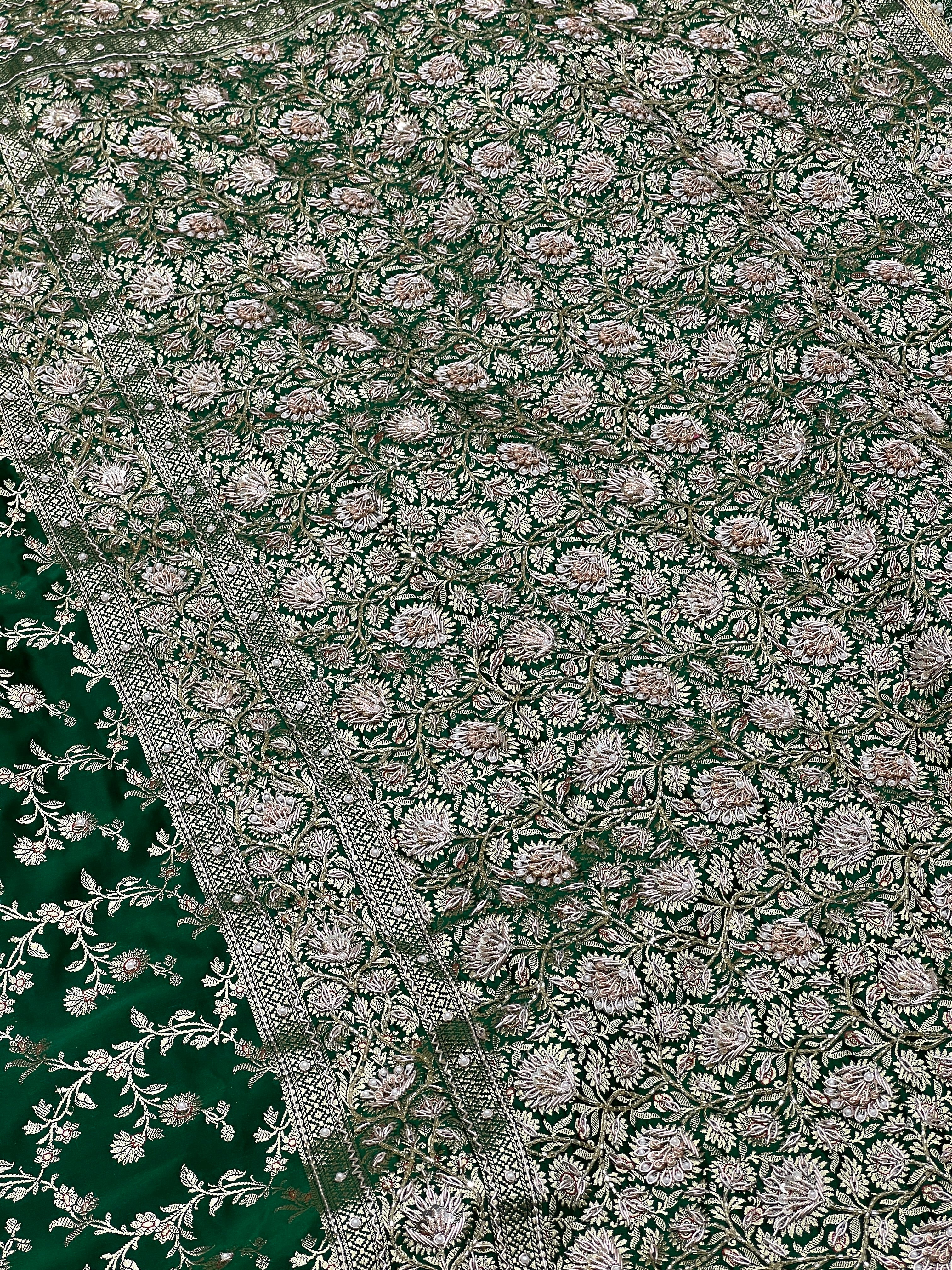 Green Banarasi Flower Border Zardozi Hand Embroidery Saree