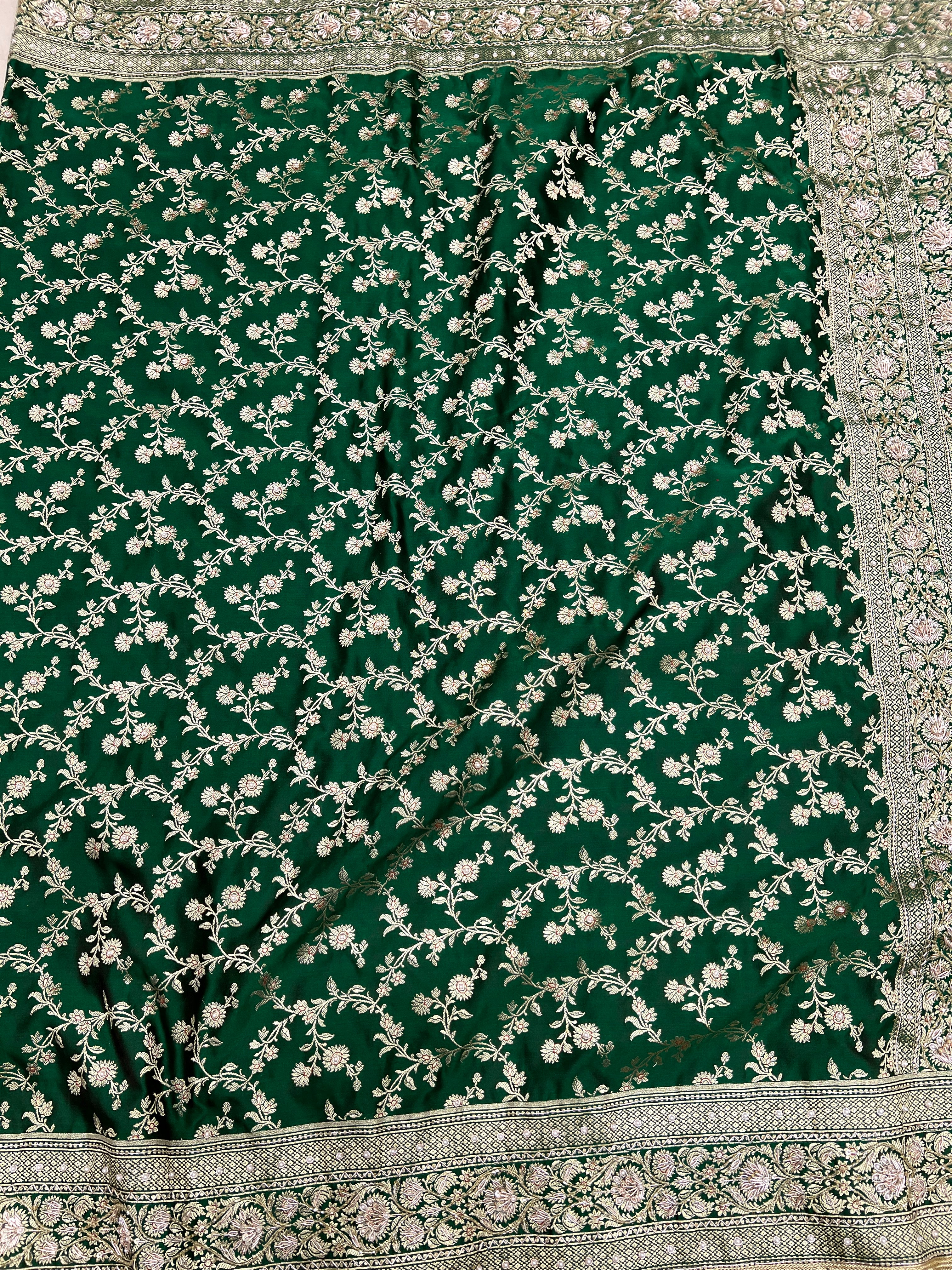 Green Banarasi Flower Border Zardozi Hand Embroidery Saree