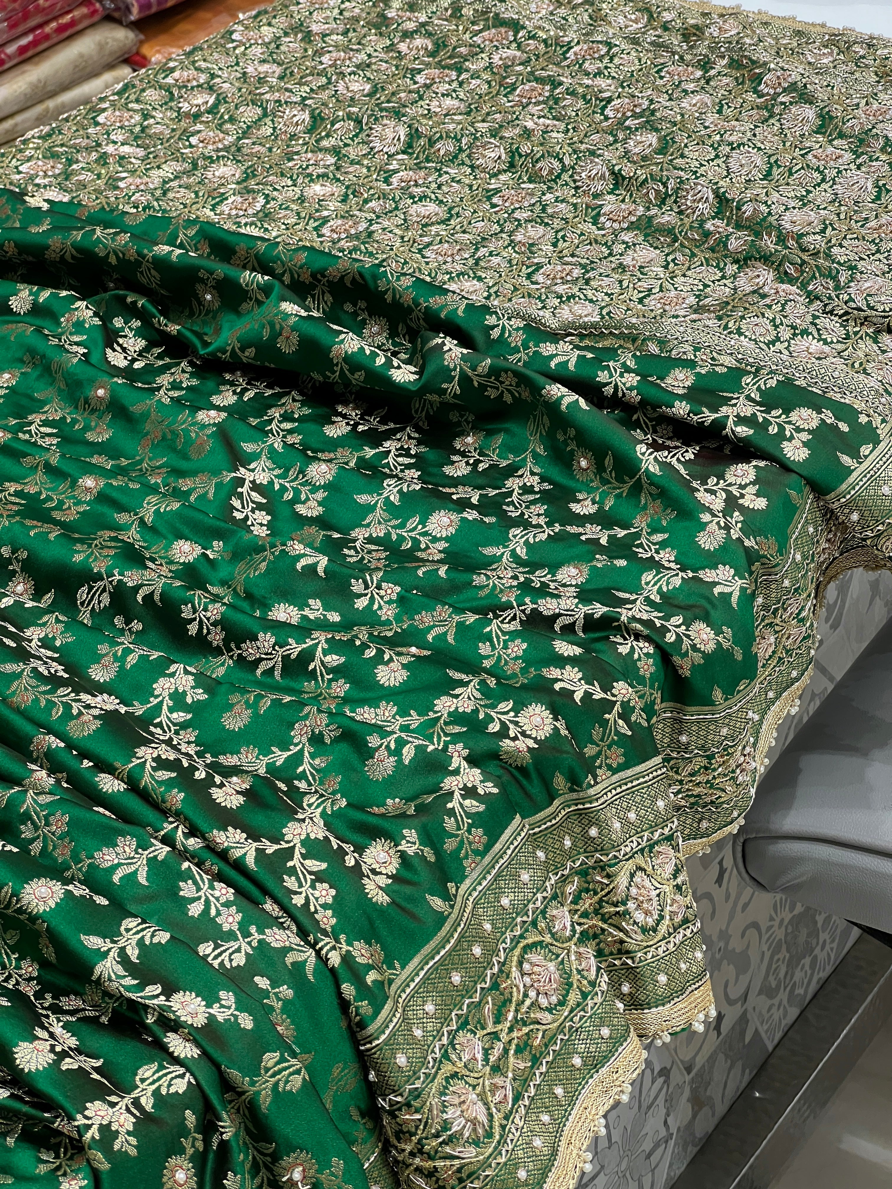 Green Banarasi Flower Border Zardozi Hand Embroidery Saree
