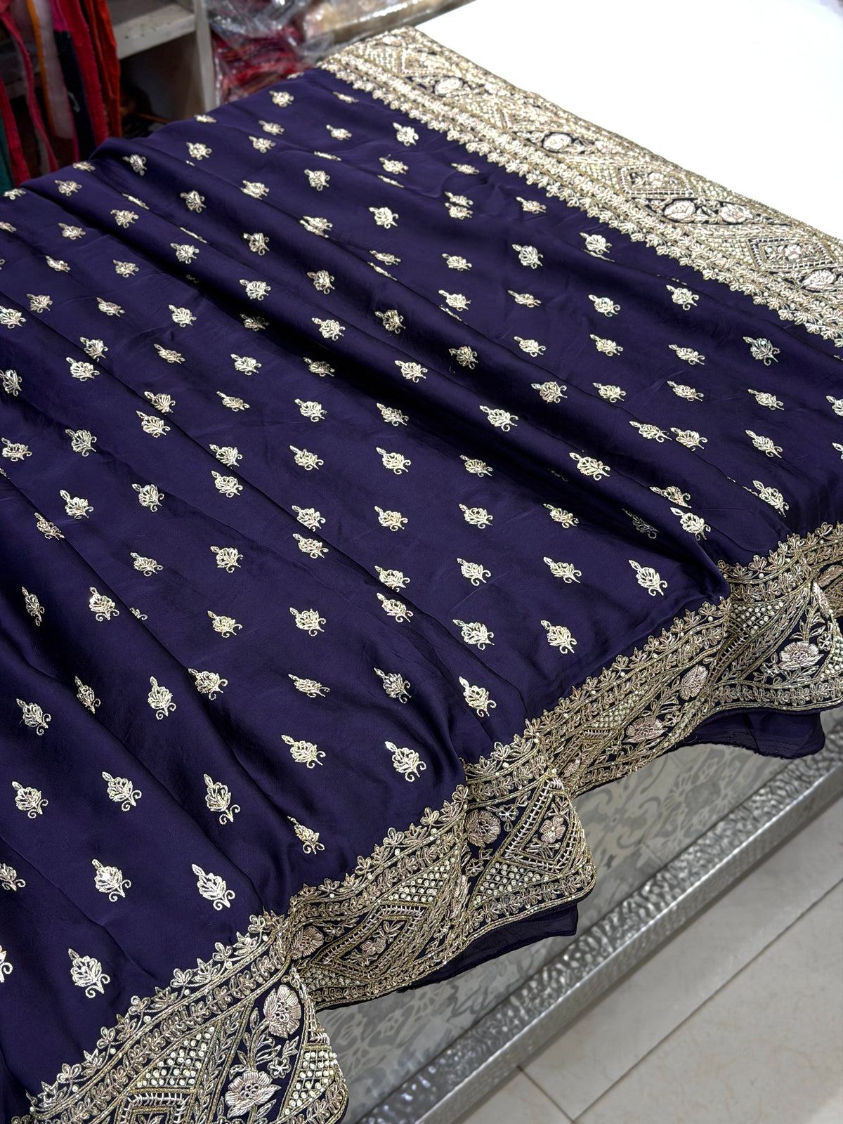 Violet Pure Satin Silk Zardosi Hand Embroidery Jaal Saree