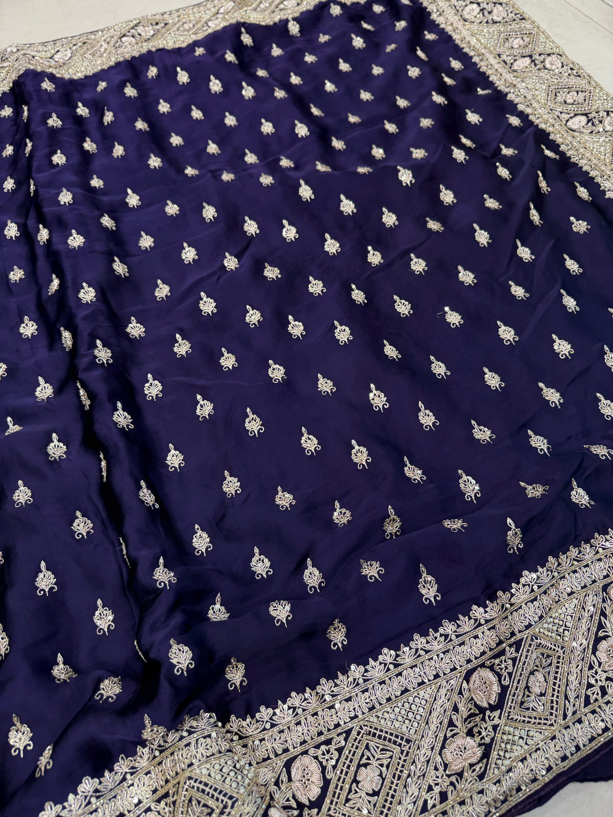 Violet Pure Satin Silk Zardosi Hand Embroidery Jaal Saree