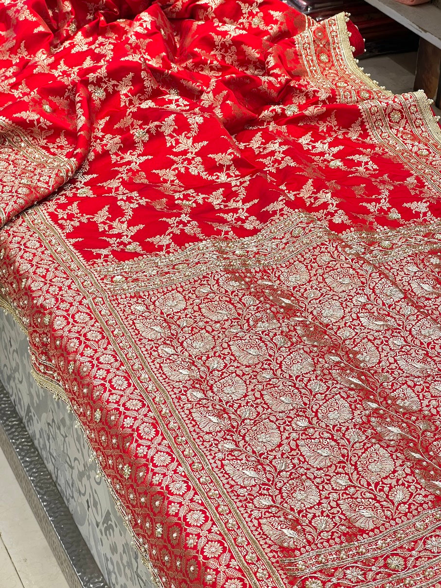 Red Banarasi Contemporary Jaal Embroidery Saree