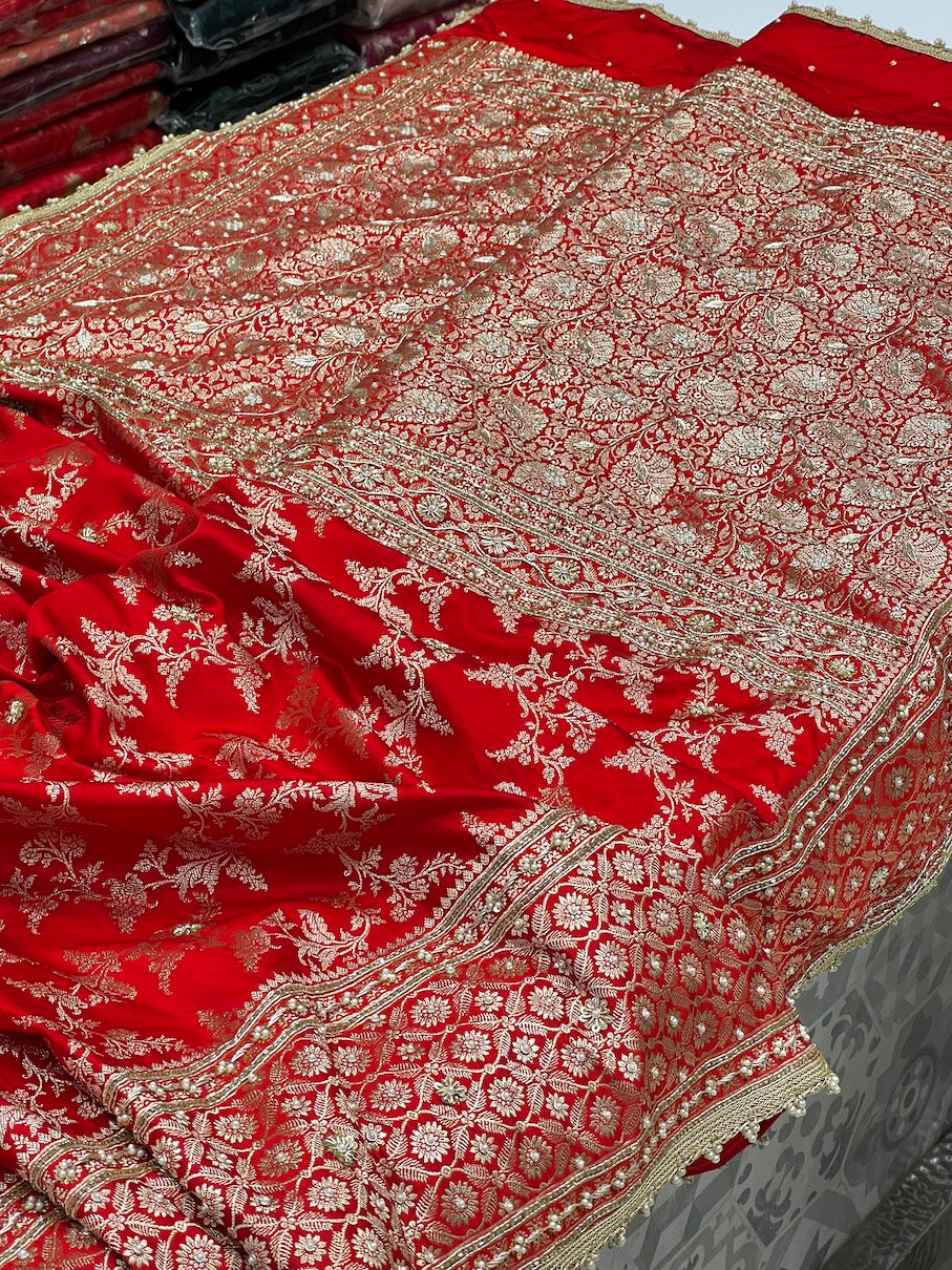 Red Banarasi Contemporary Jaal Embroidery Saree