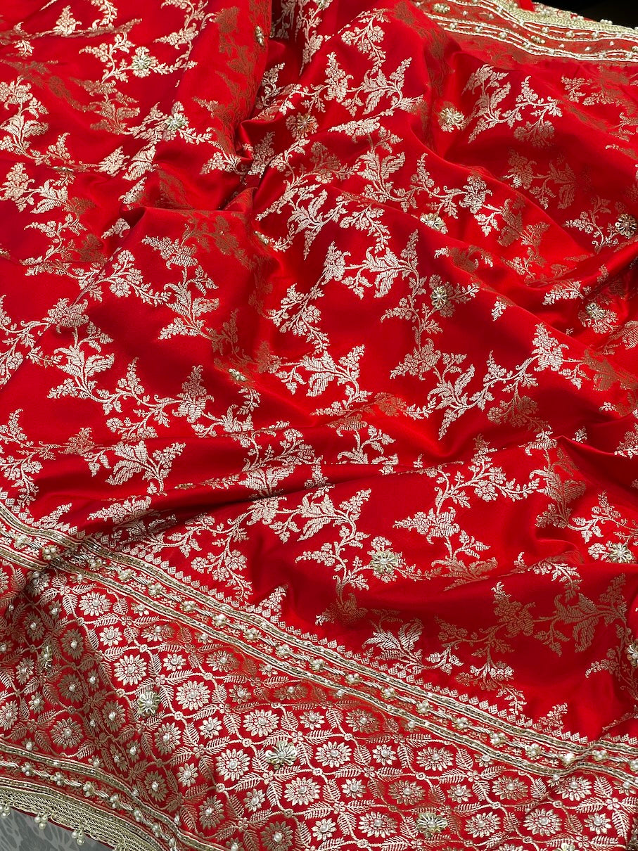 Red Banarasi Contemporary Jaal Embroidery Saree