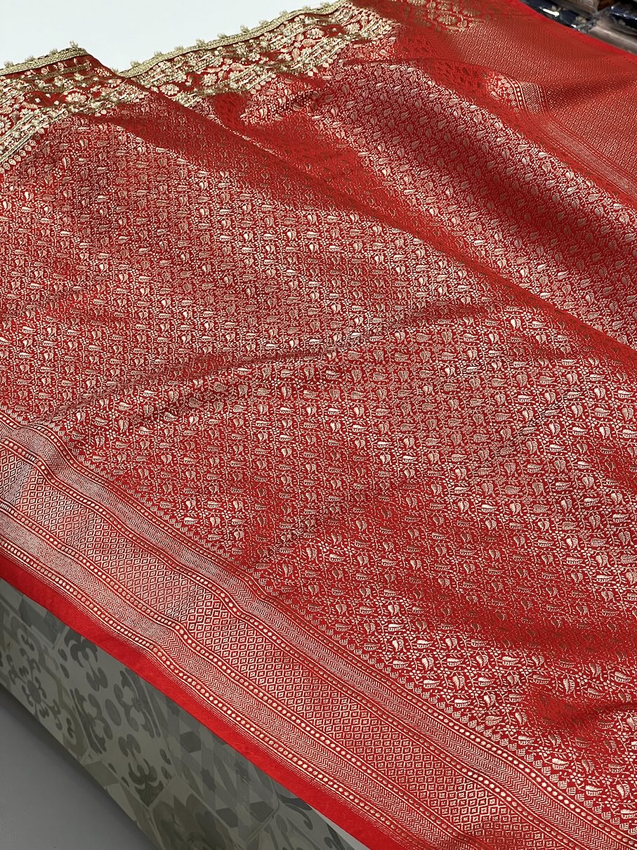 Red Banarasi Contemporary Jaal Embroidery Saree