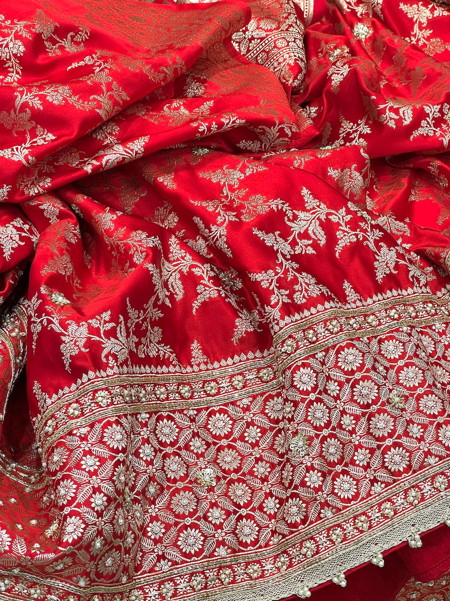 Red Banarasi Contemporary Jaal Embroidery Saree