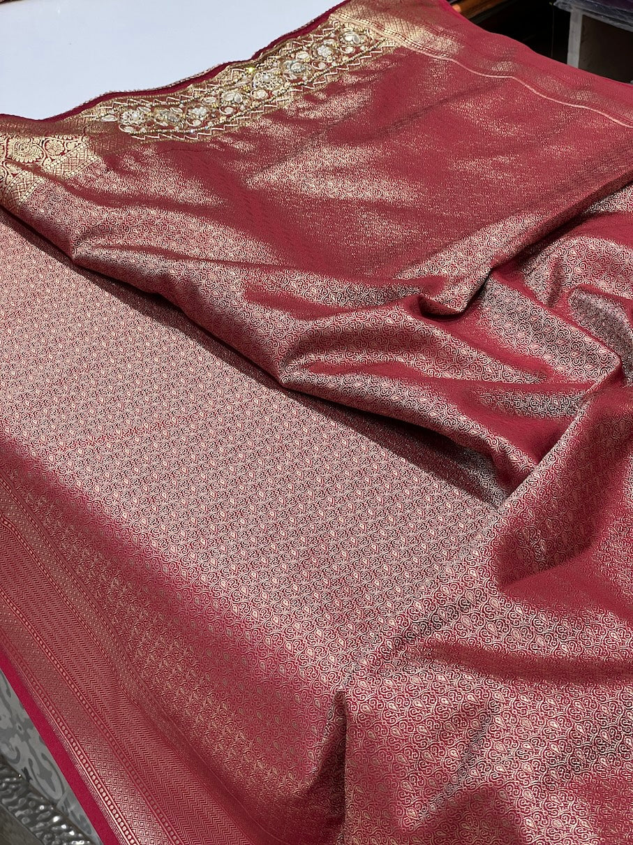 Maroon Banarasi Silk Heart Border Embroidery Saree