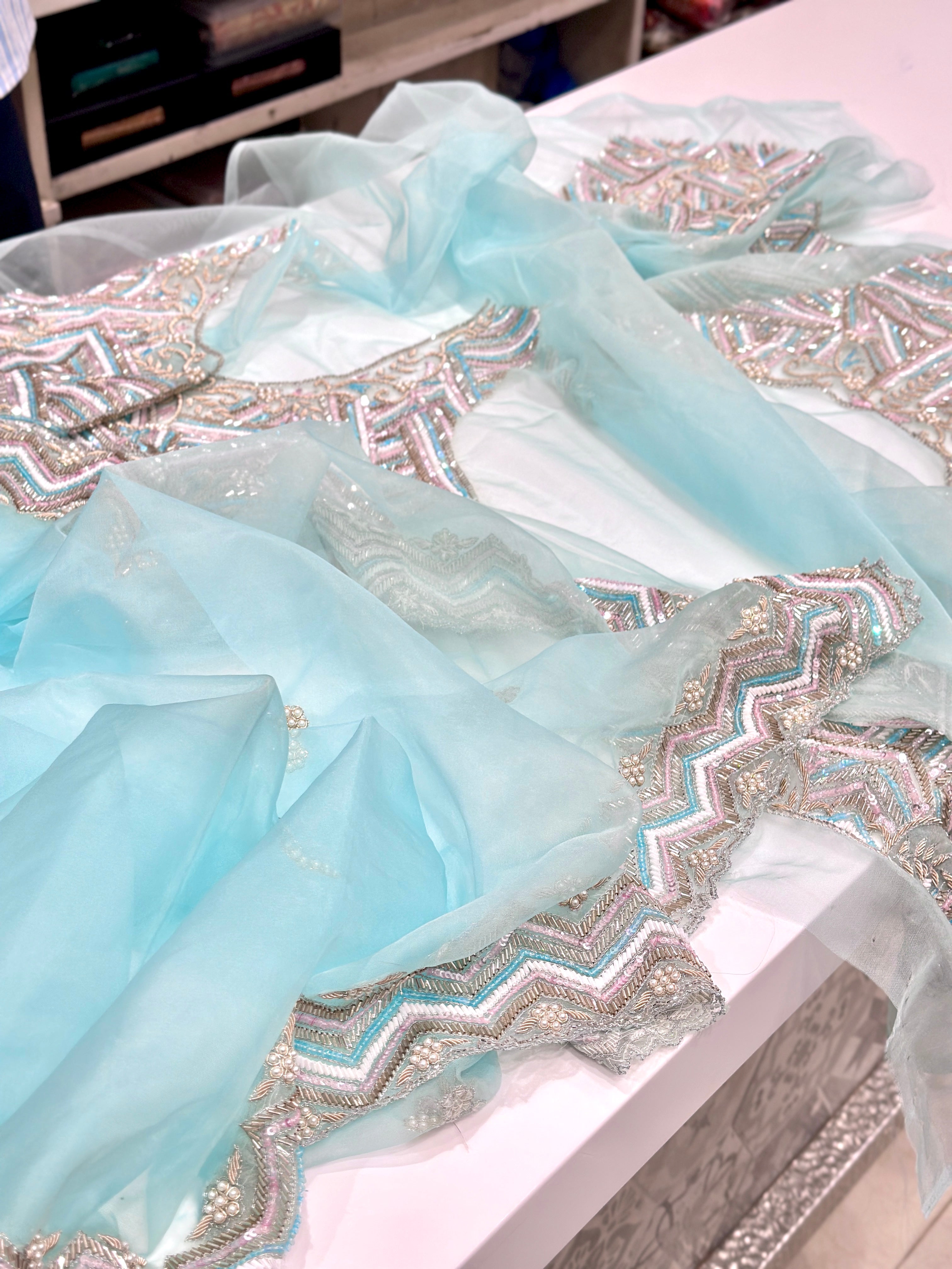 Blue Organza Heavy Blouse Saree Multi Colour