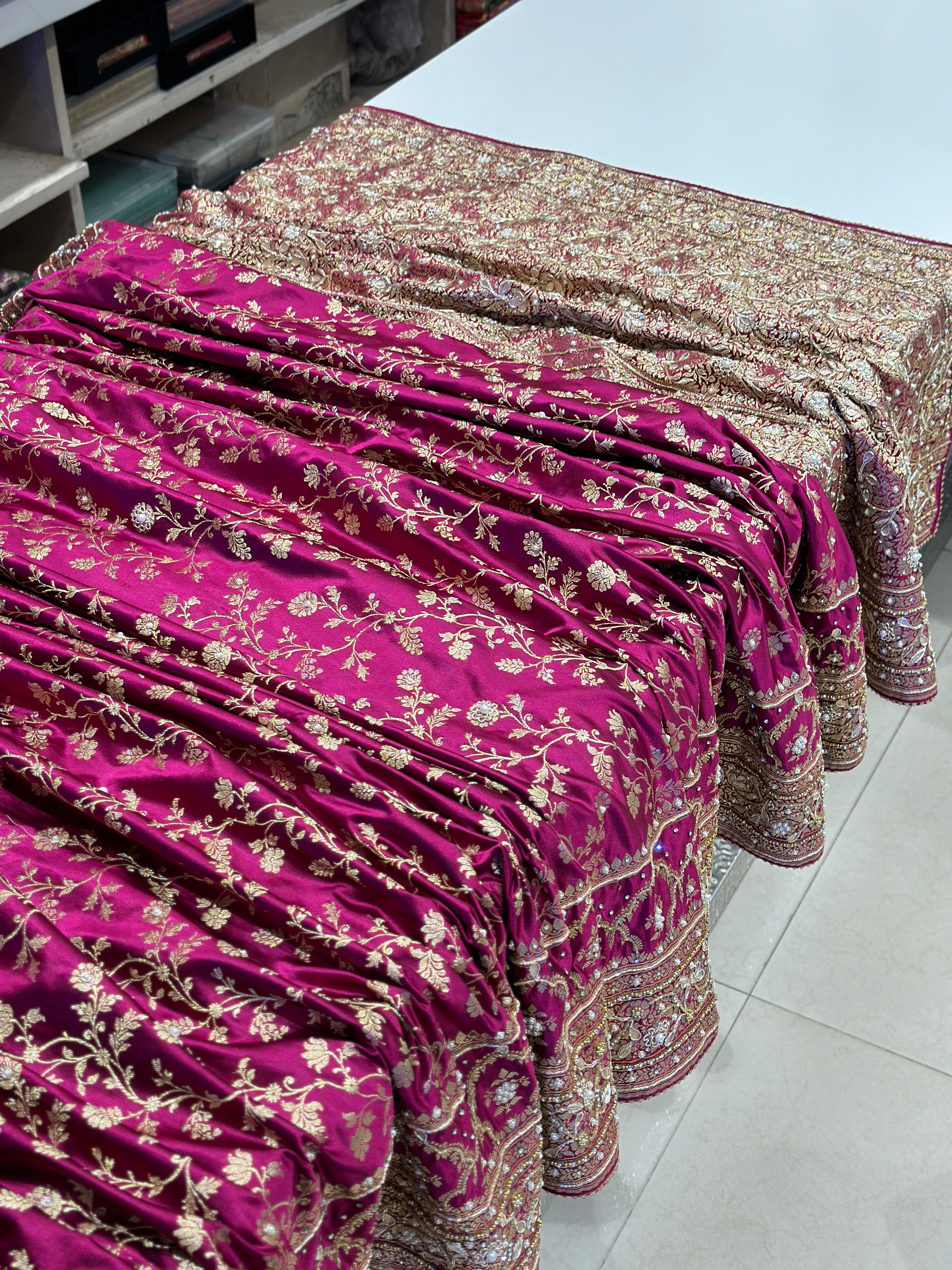 Wine Banarasi Skirt Border Hand Embroidery Saree