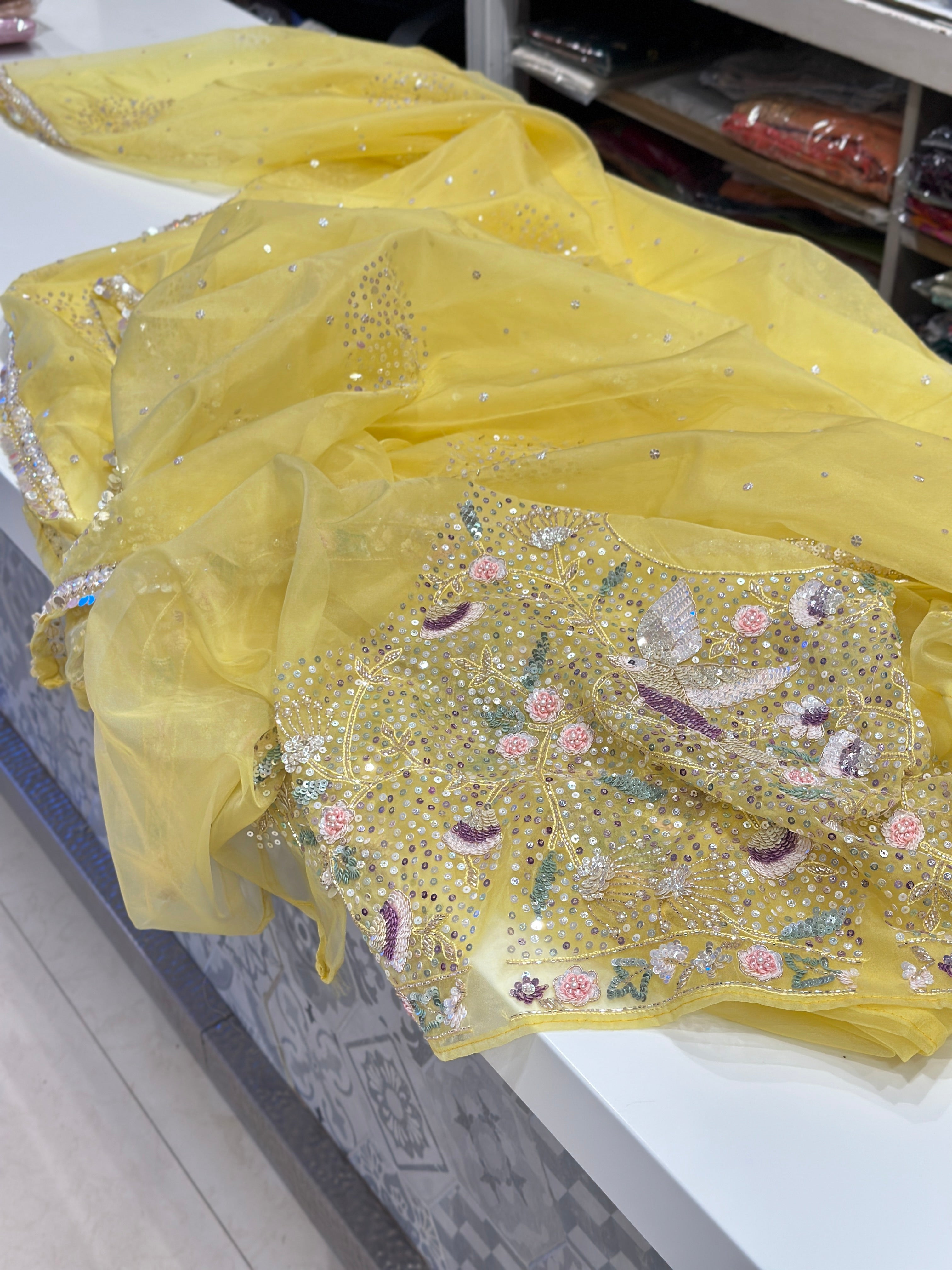 Yellow Organza Sequin Heavy Blouse saree