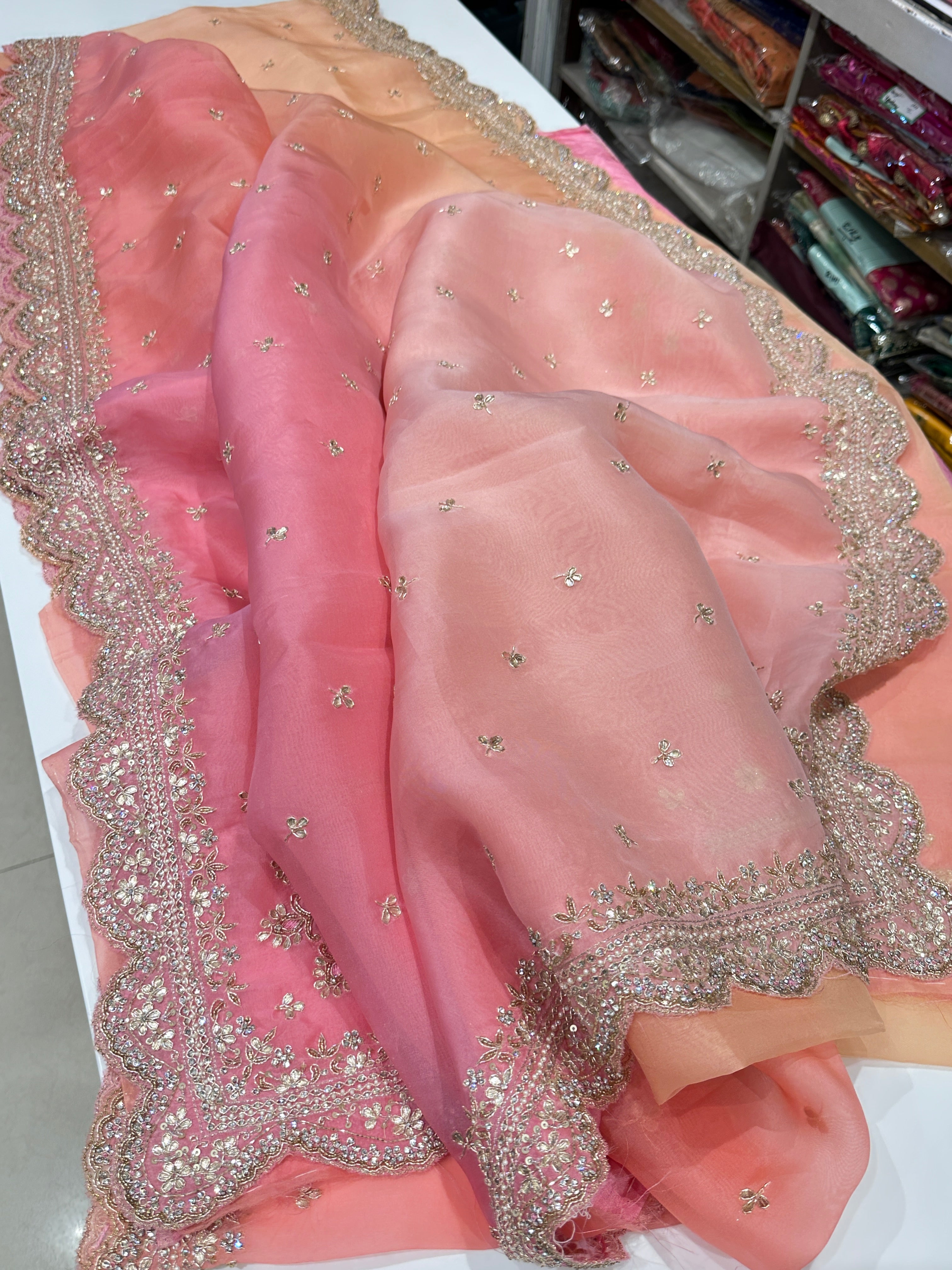 Shaded Pure Organza Saree Hand Embroidery Gota Zardosi