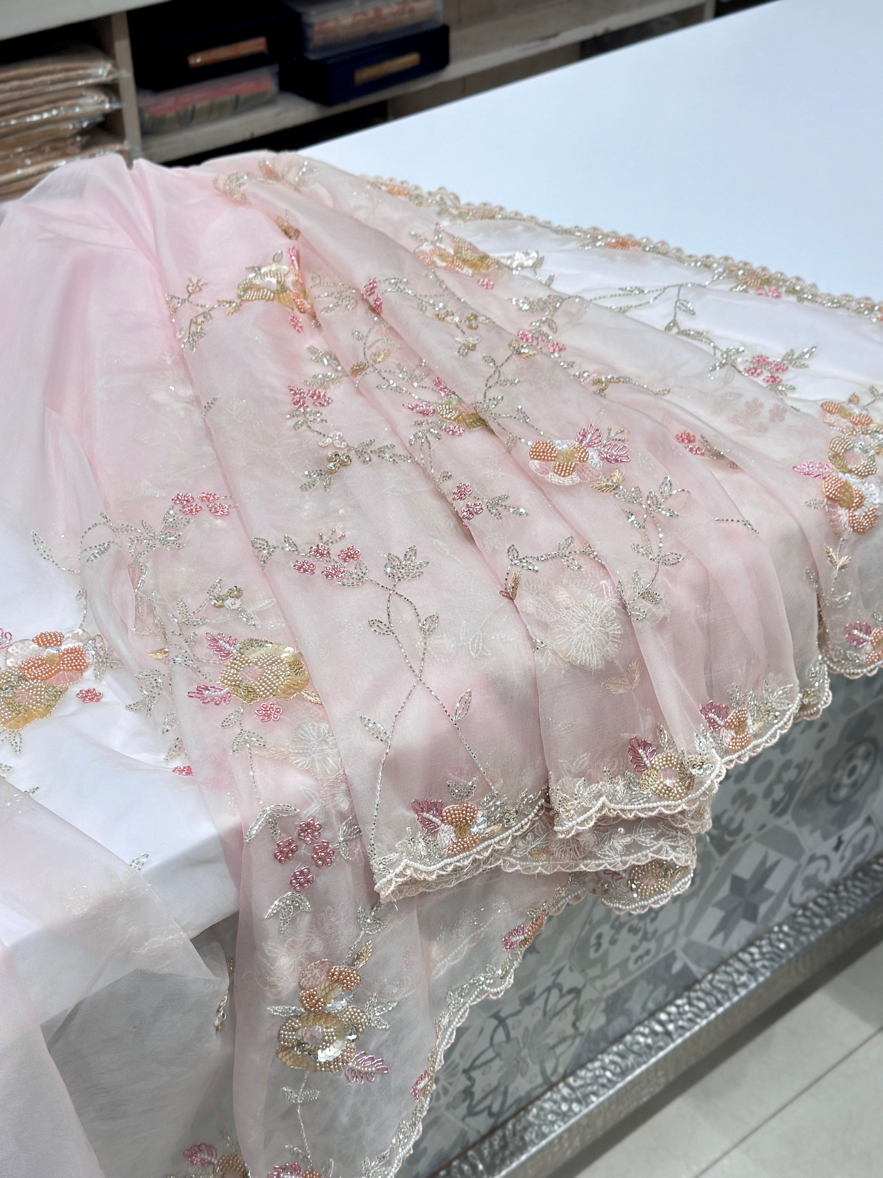 Pink Organza Multi Jaal Embroidery Saree