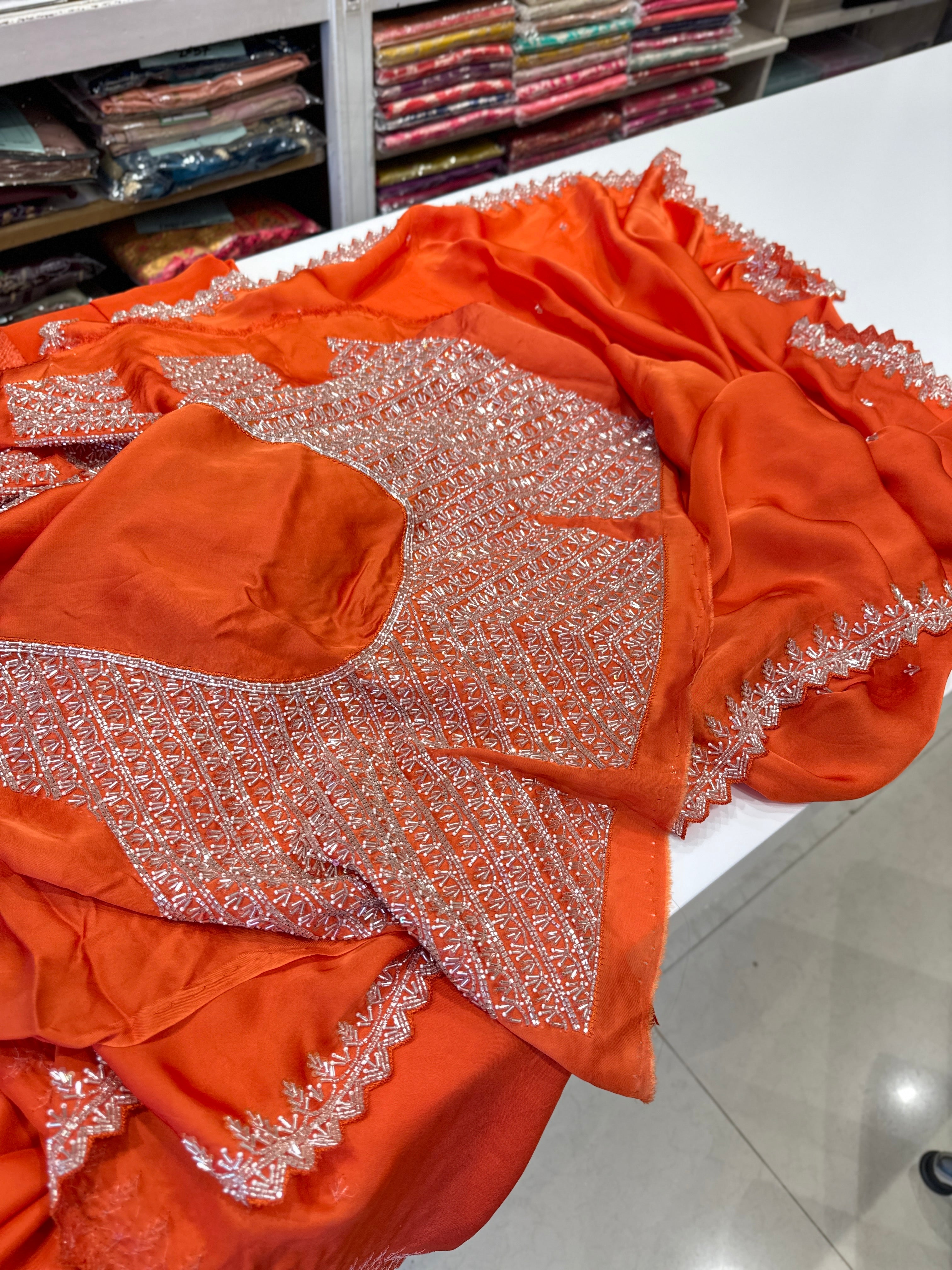 Orange Satin Organza Heavy Blouse Saree