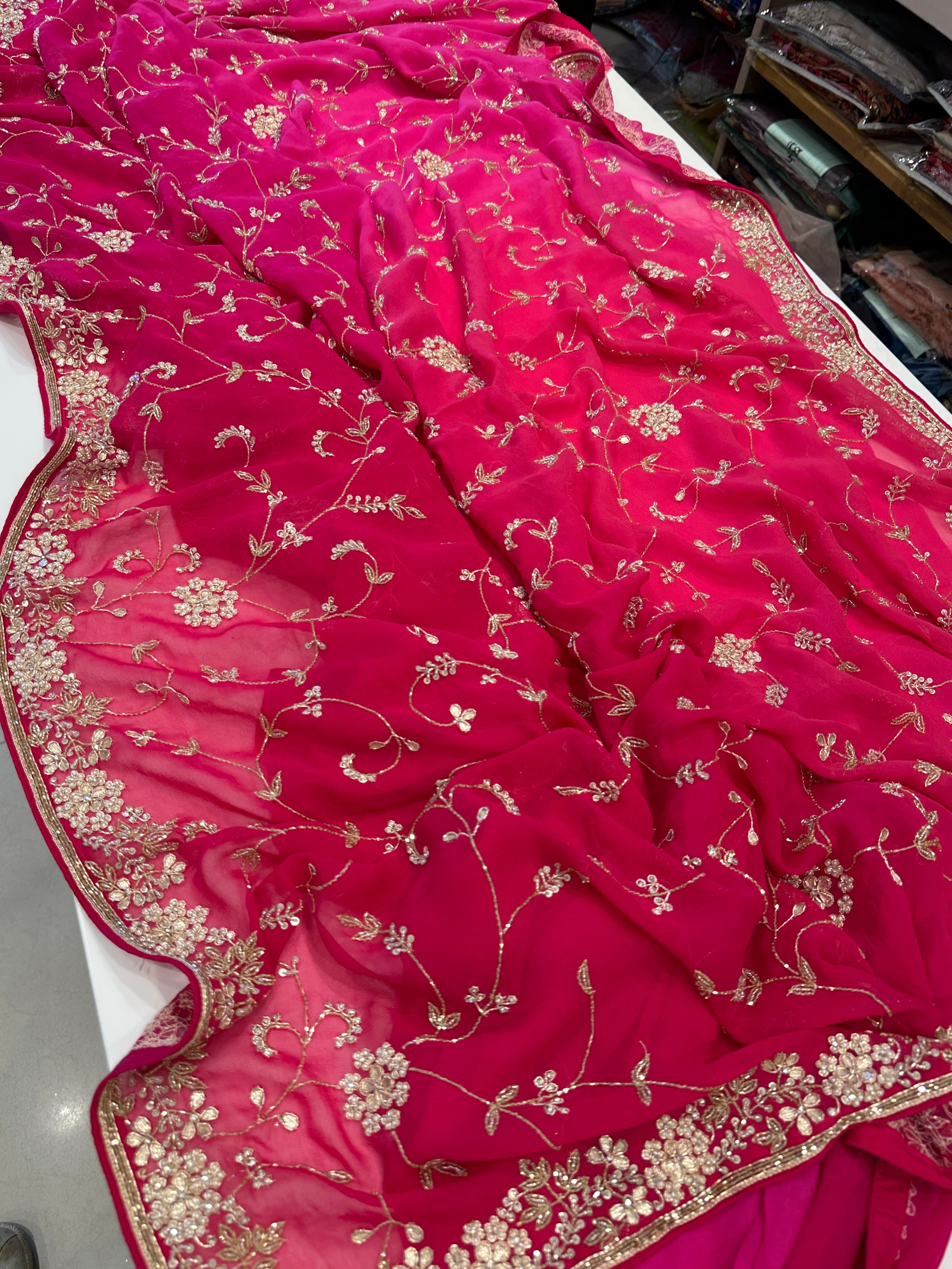 Red Rani Shaded Hand Embroidery Georgette Saree