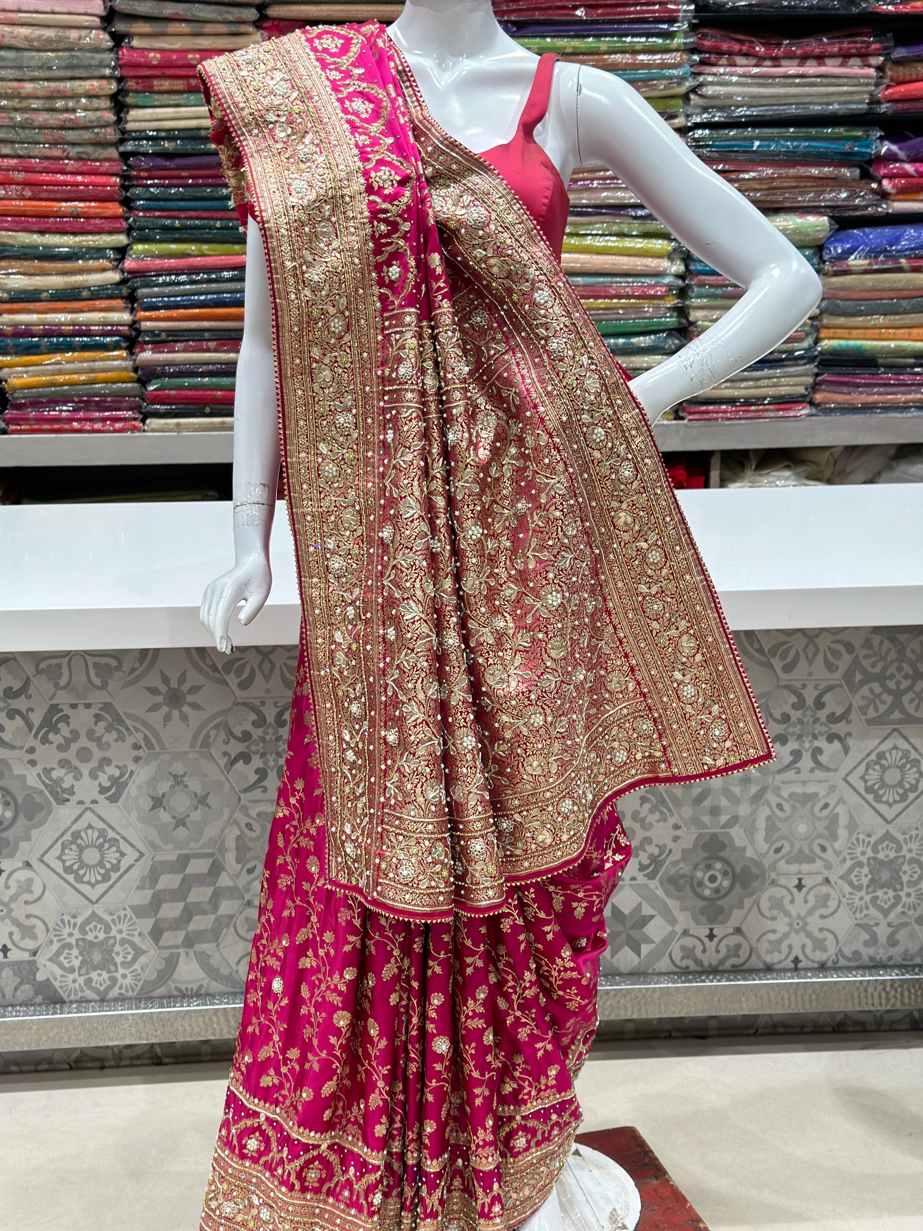 Wine Banaras Crown Hand Embroidery Saree