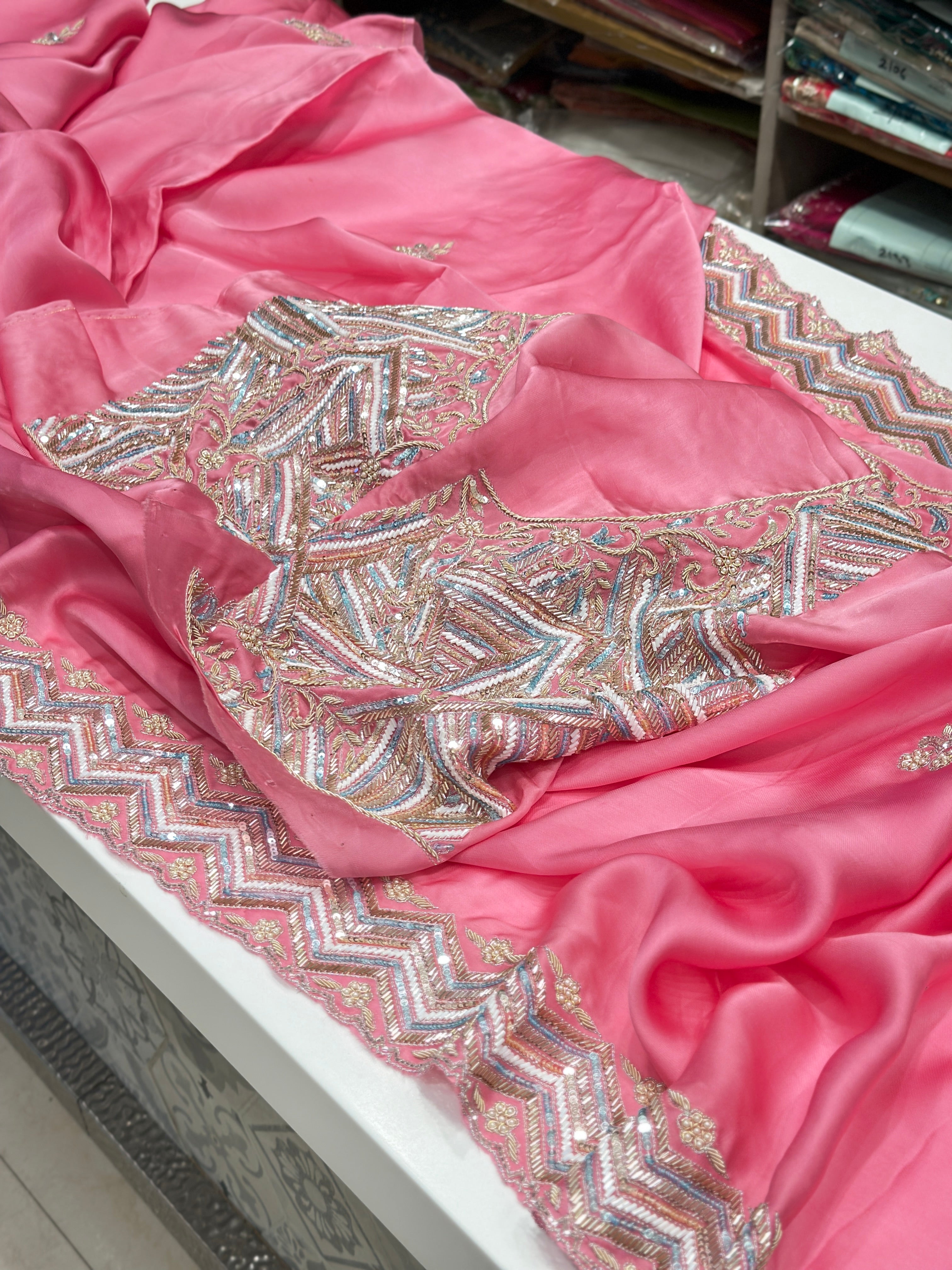 Pink Satin Organza Heavy Blouse Saree