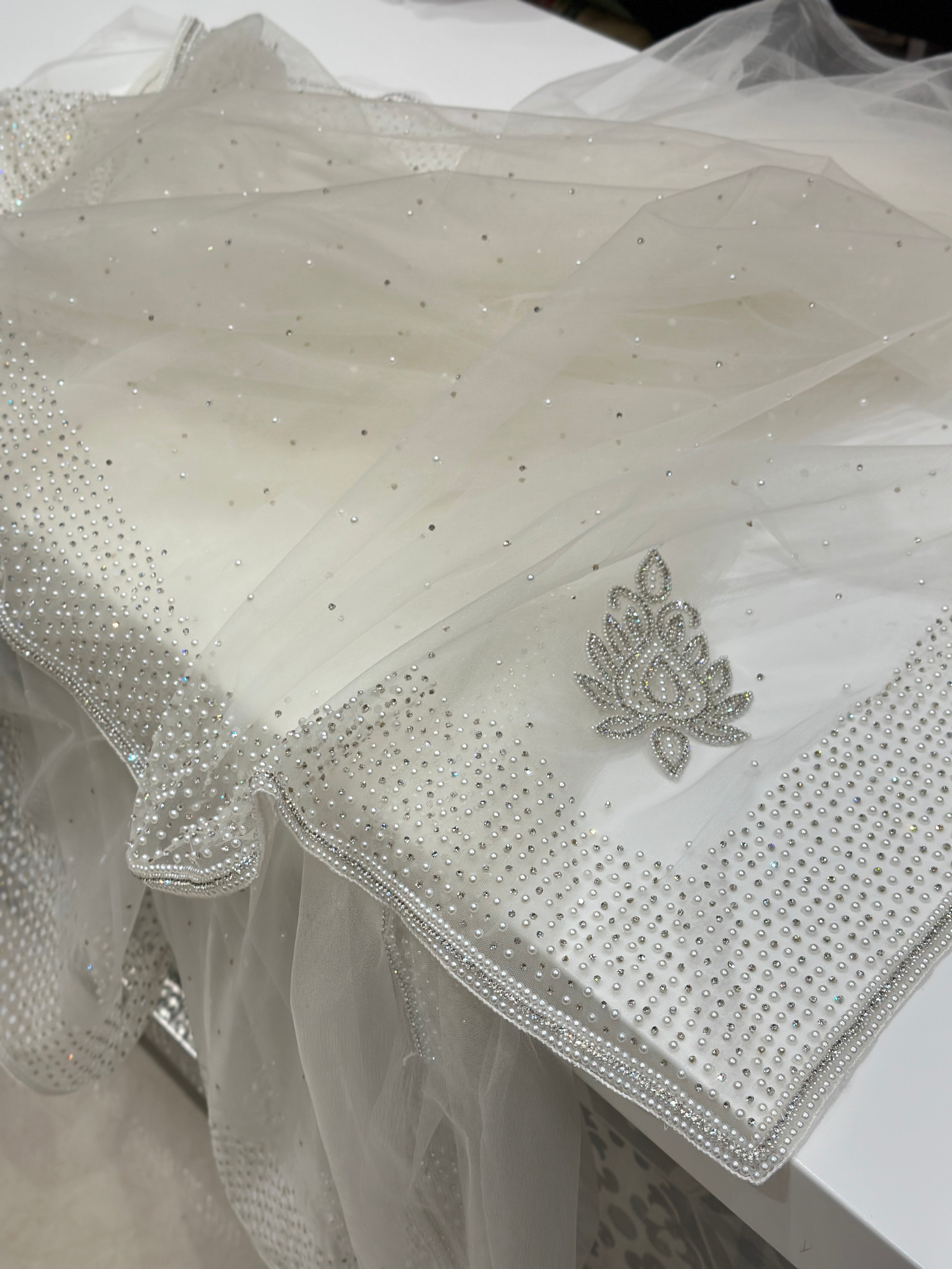 White Soft Net Stones and Motis Sarees