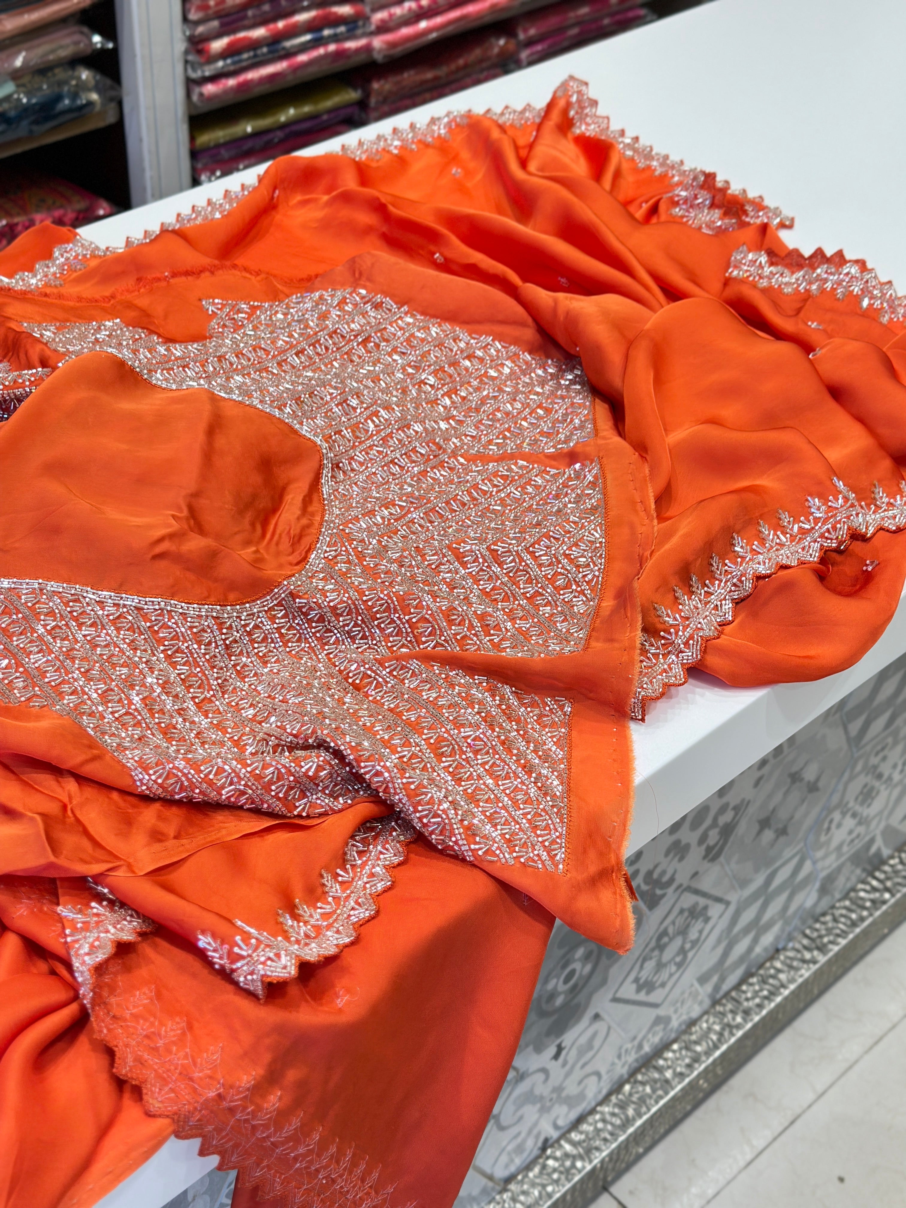 Orange Satin Organza Heavy Blouse Saree