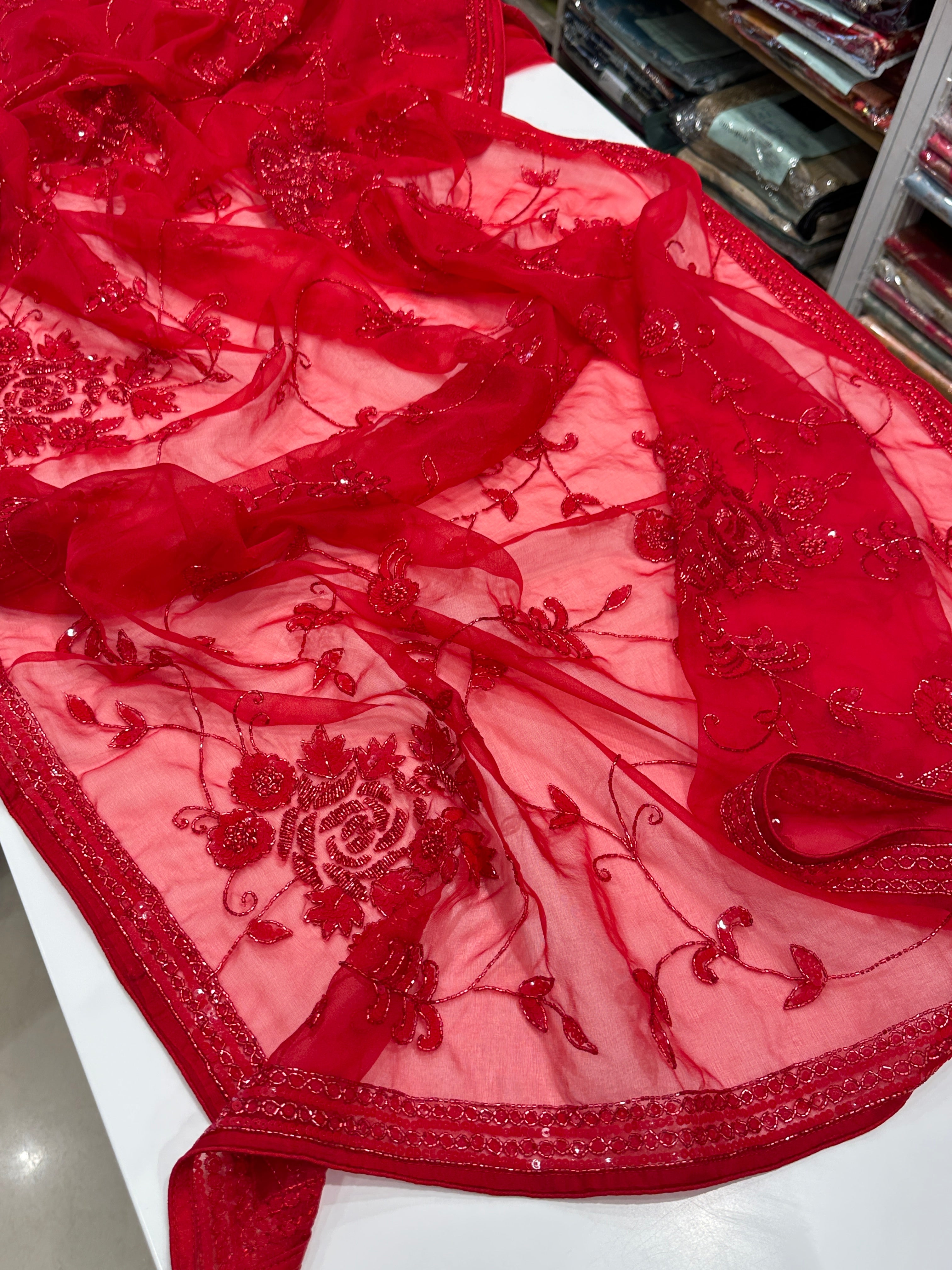 Red Organza Hand Embroidery Jaal Saree