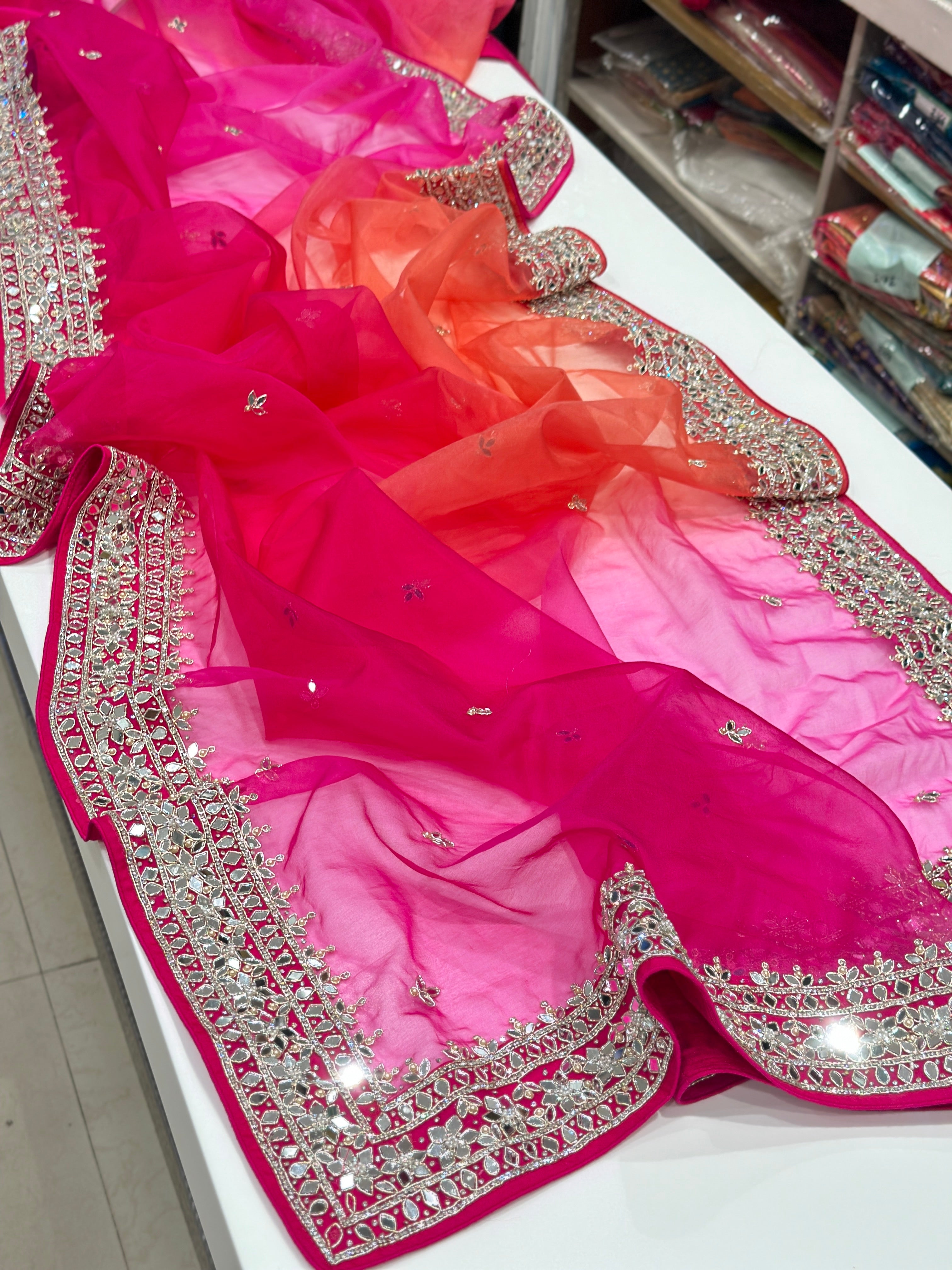 Rani Shaded Organza Mirror Embroidery Saree