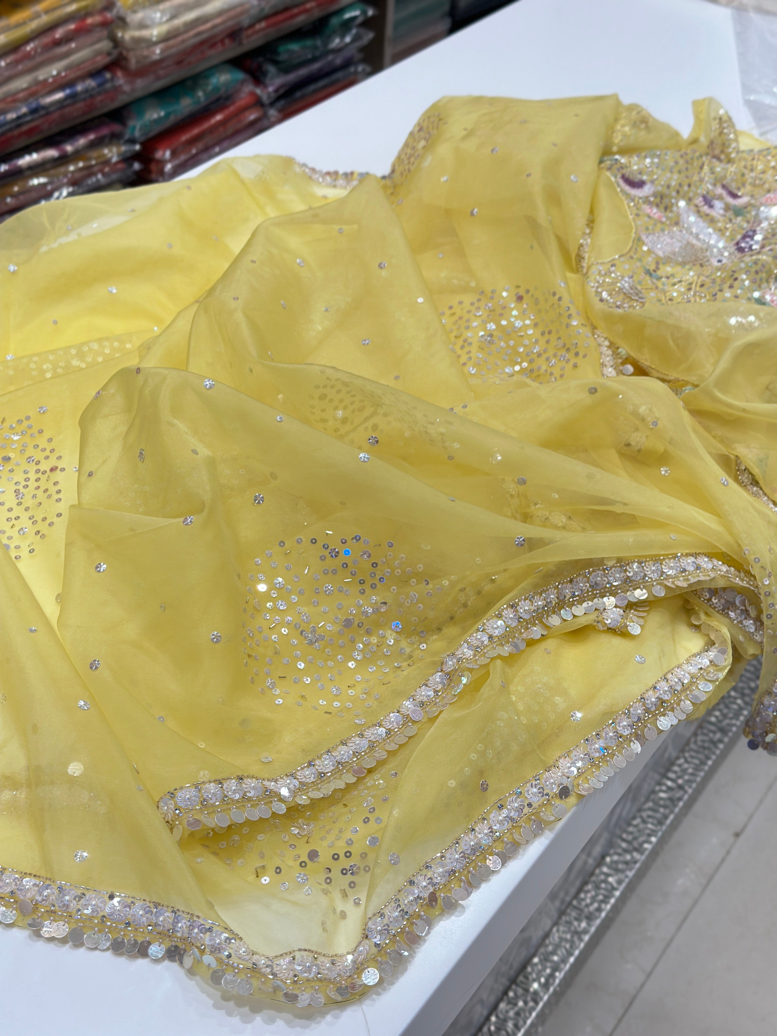 Yellow Organza Sequin Heavy Blouse saree