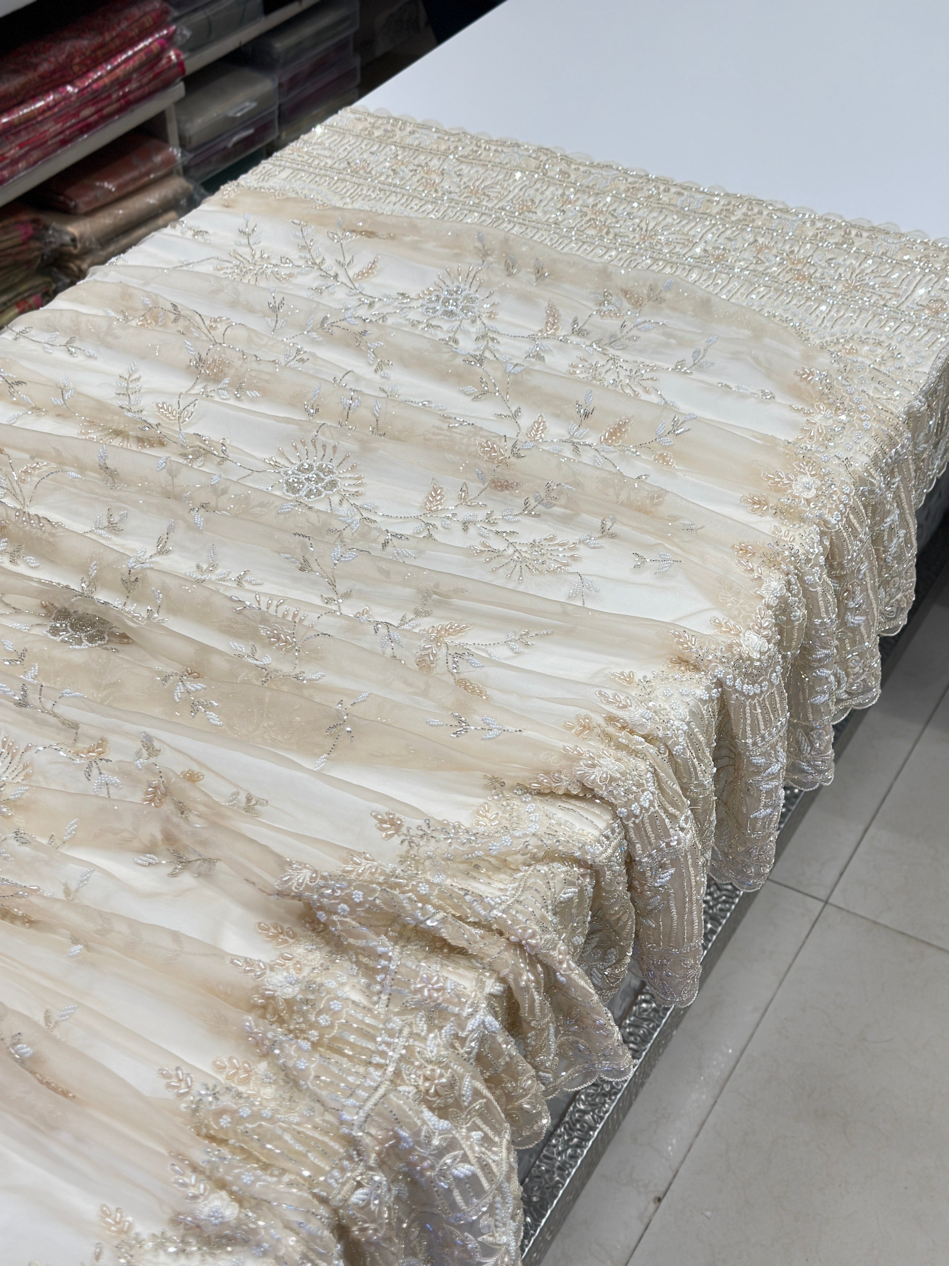 Beige Organza Embroidery Saree