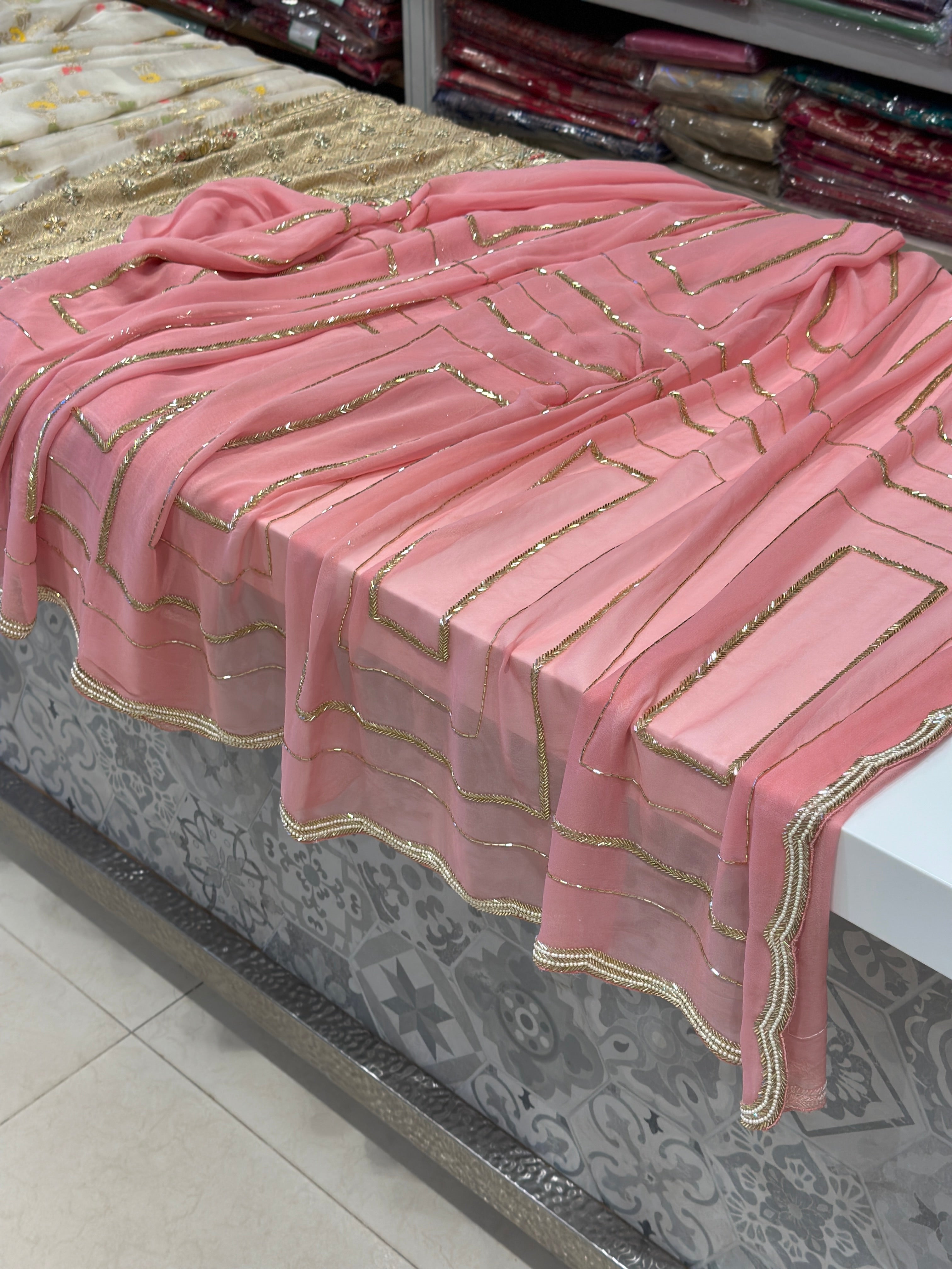 Peach Pink Georgette Contemporary Saree