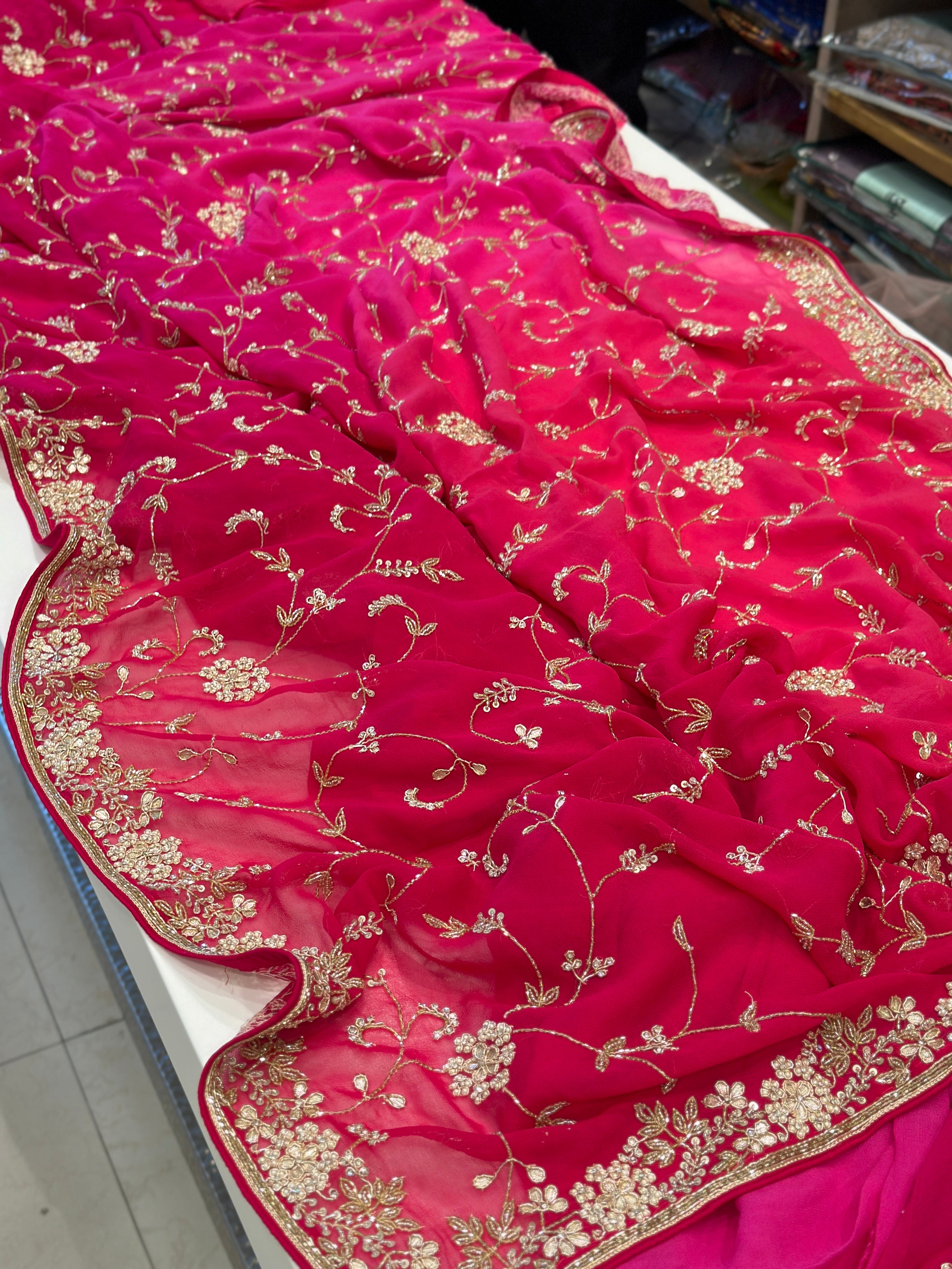 Red Rani Shaded Hand Embroidery Georgette Saree