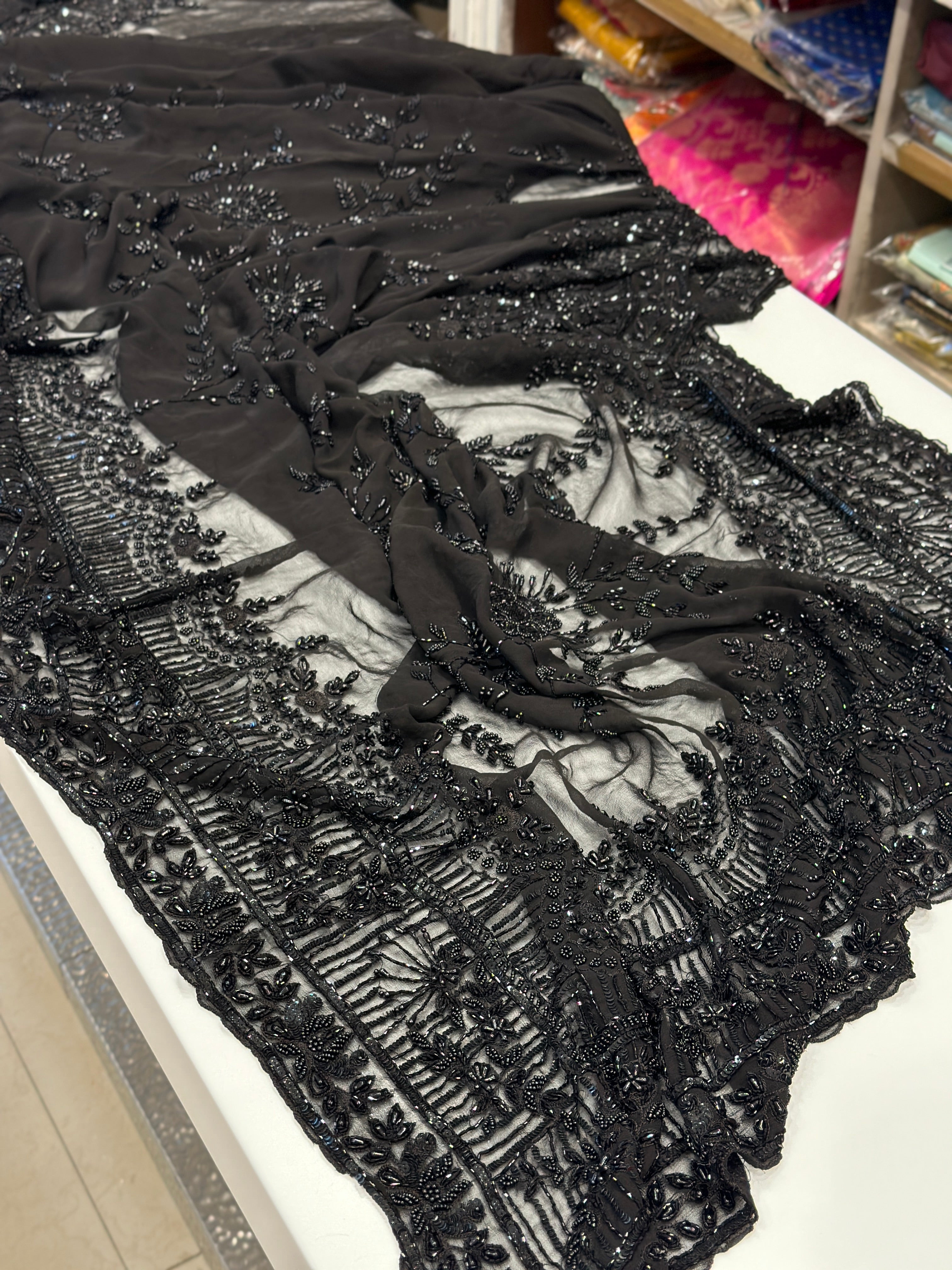 Black Georgette Hand Embroidery Saree