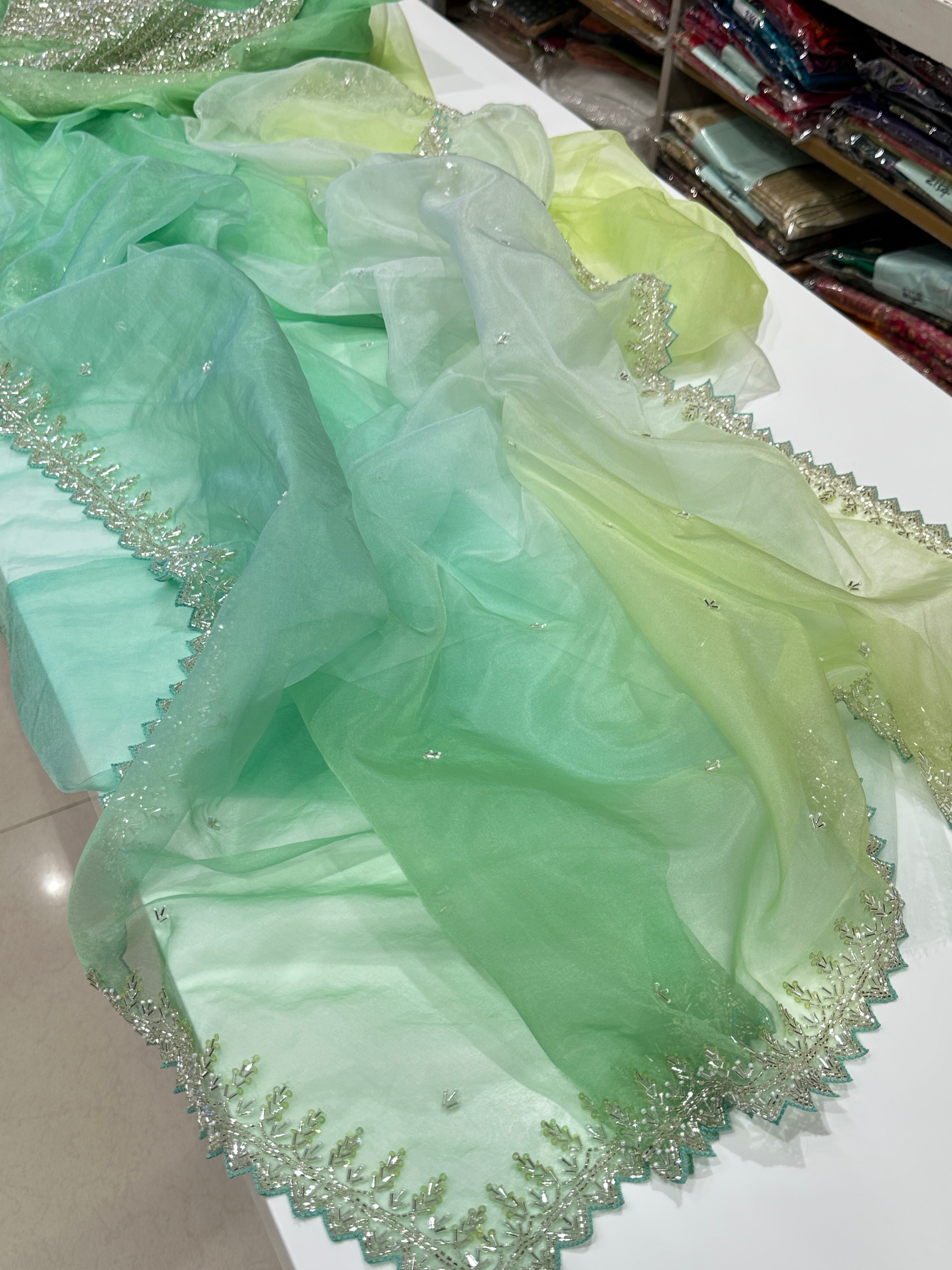 Green Shaded Organza Saree with Heavy Blouse