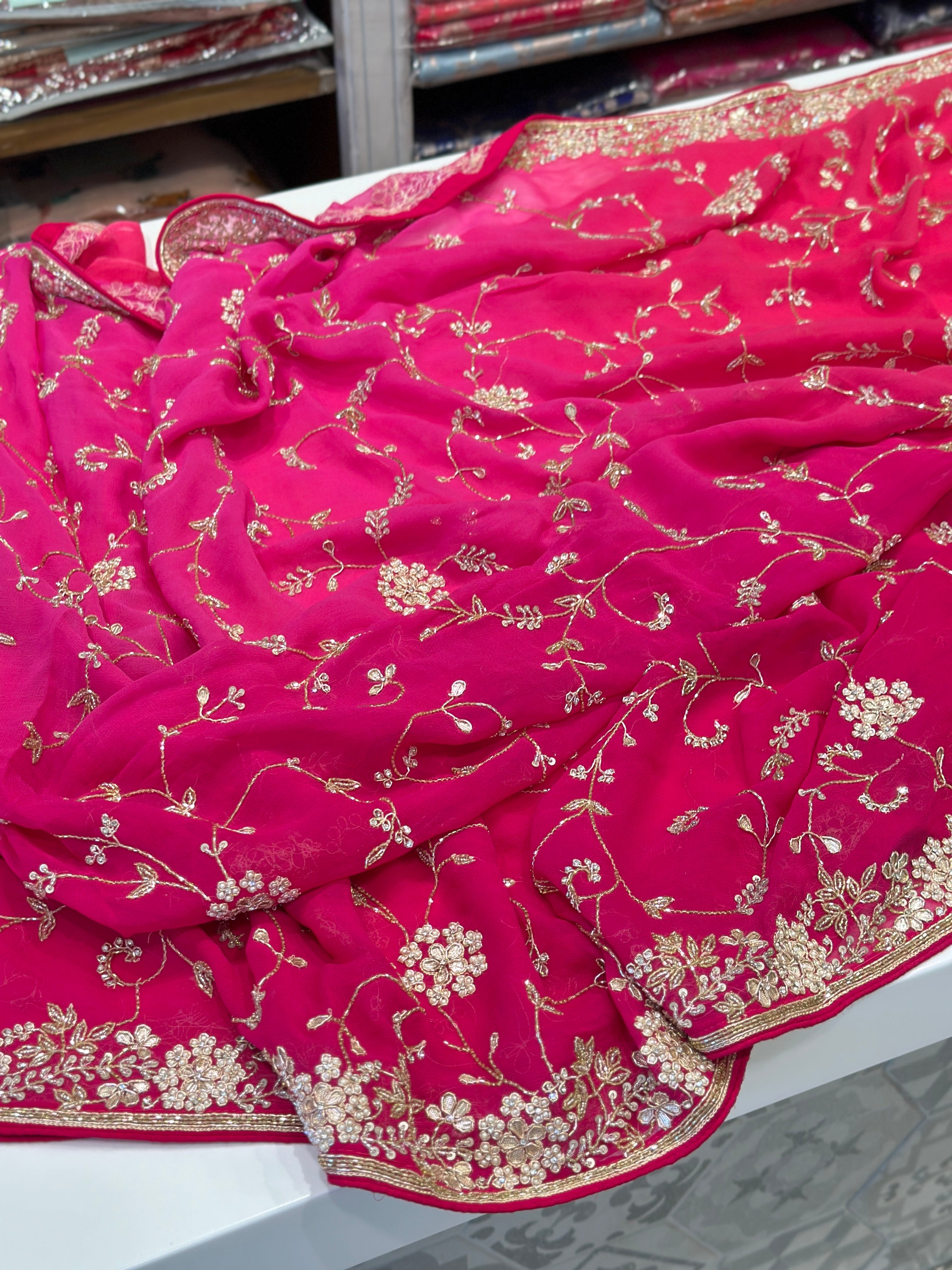 Red Rani Shaded Hand Embroidery Georgette Saree