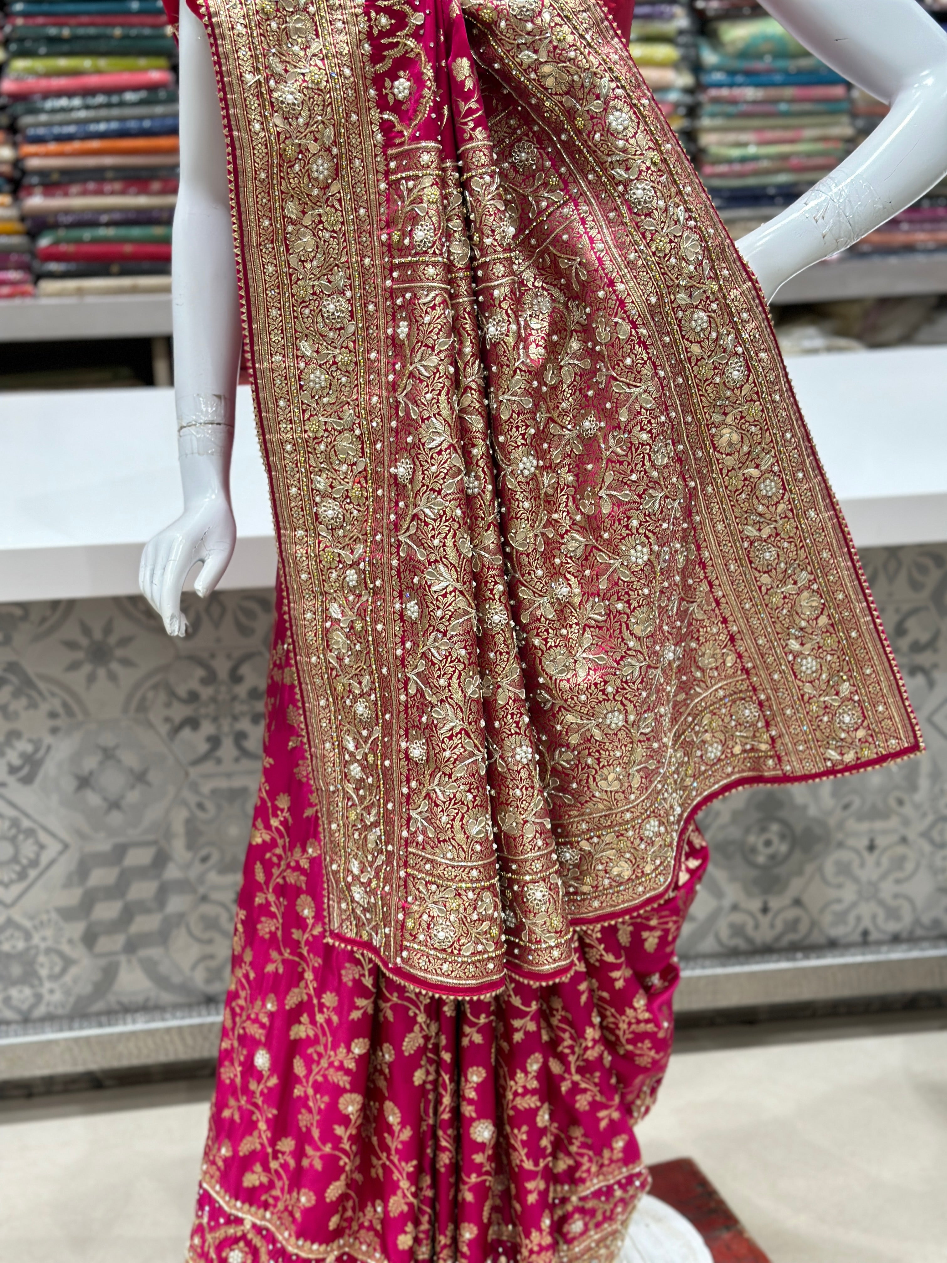 Wine Banaras Crown Hand Embroidery Saree