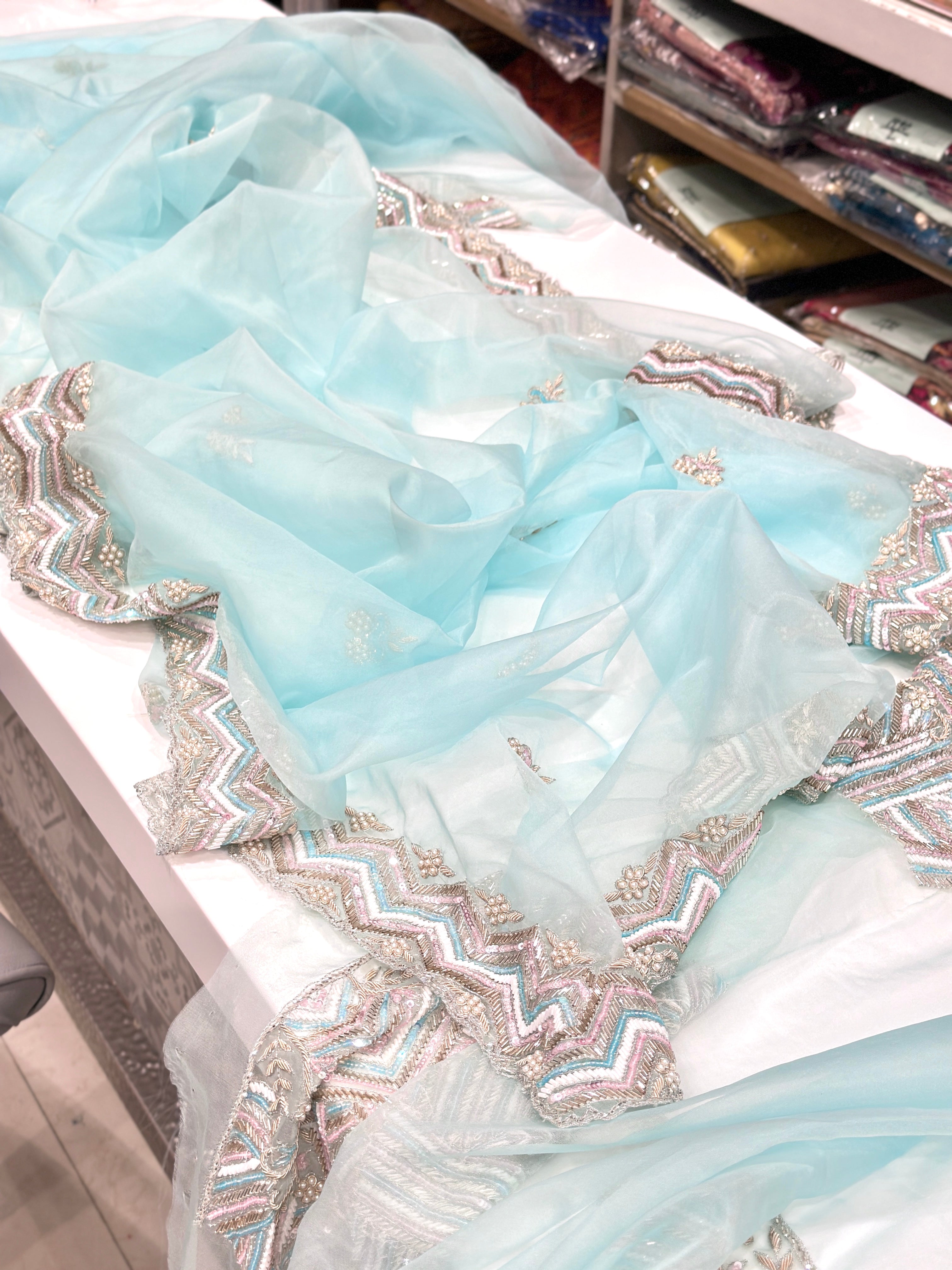 Blue Organza Heavy Blouse Saree Multi Colour