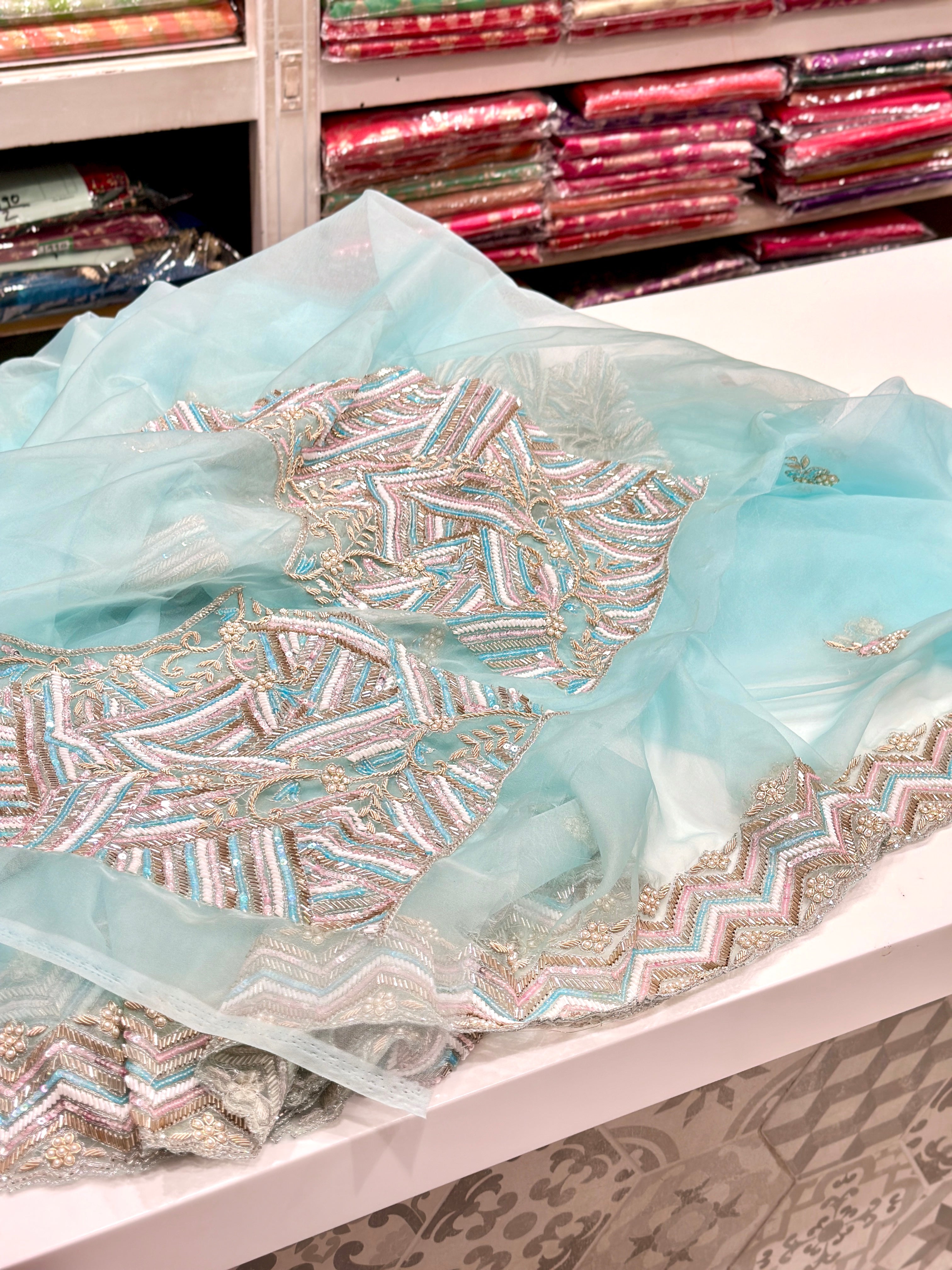 Blue Organza Heavy Blouse Saree Multi Colour