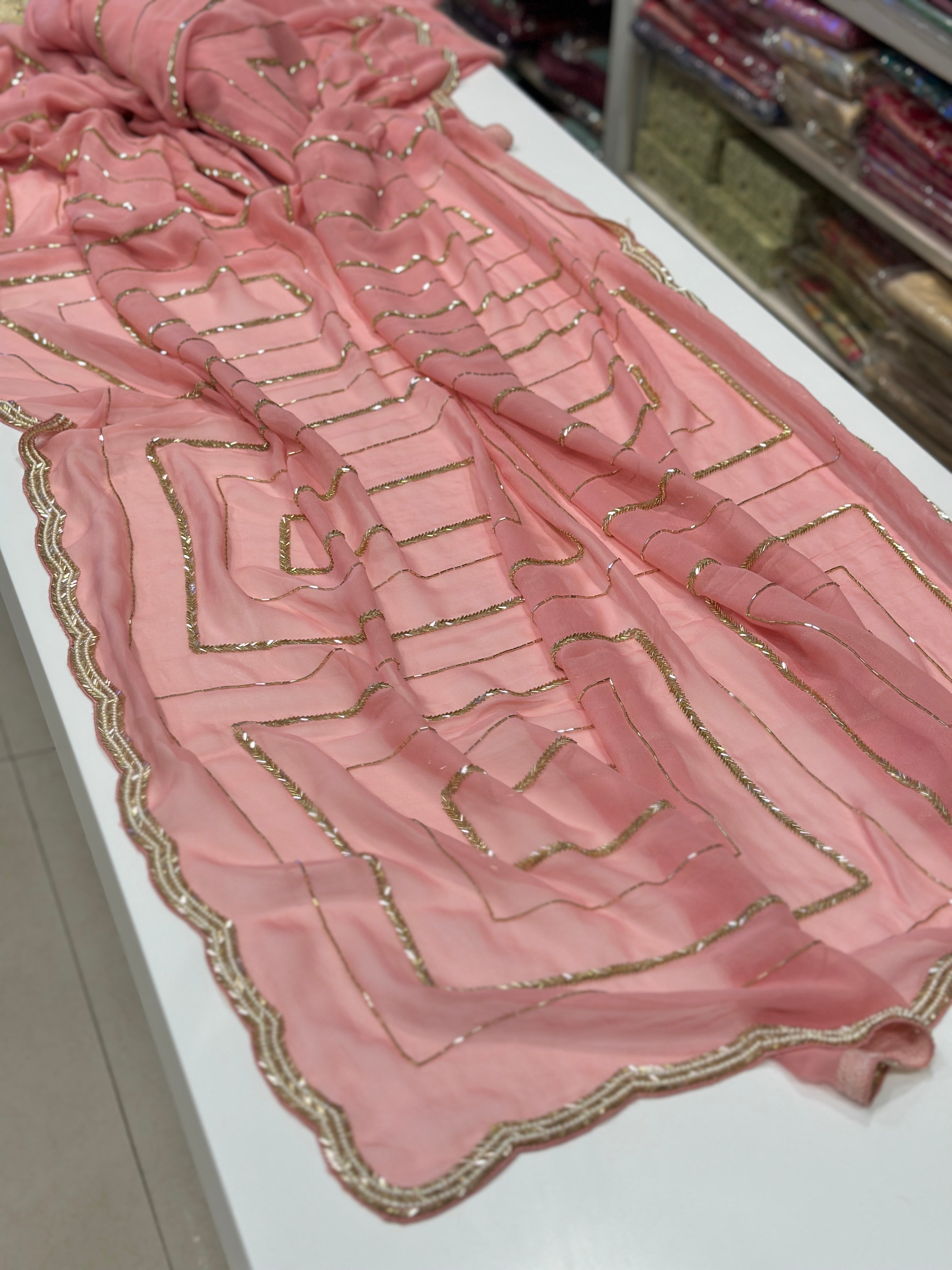Peach Pink Georgette Contemporary Saree