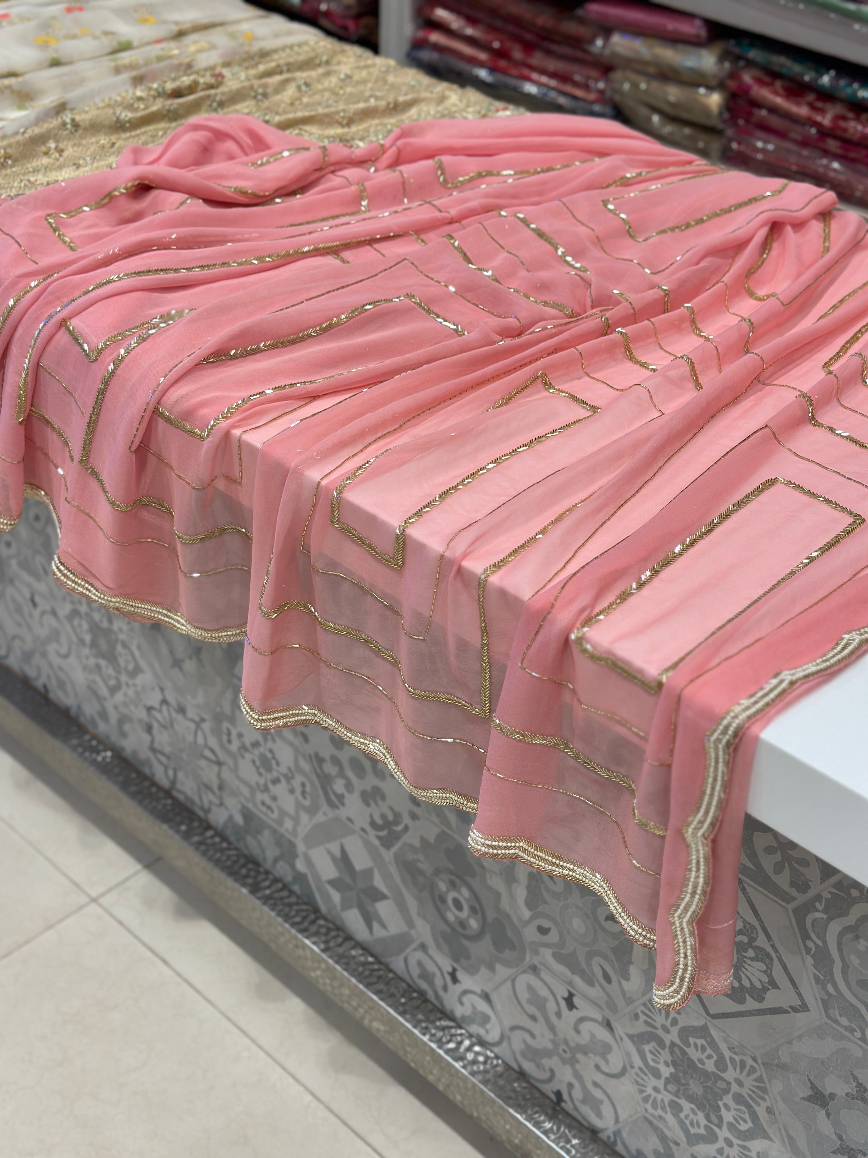 Peach Pink Georgette Contemporary Saree