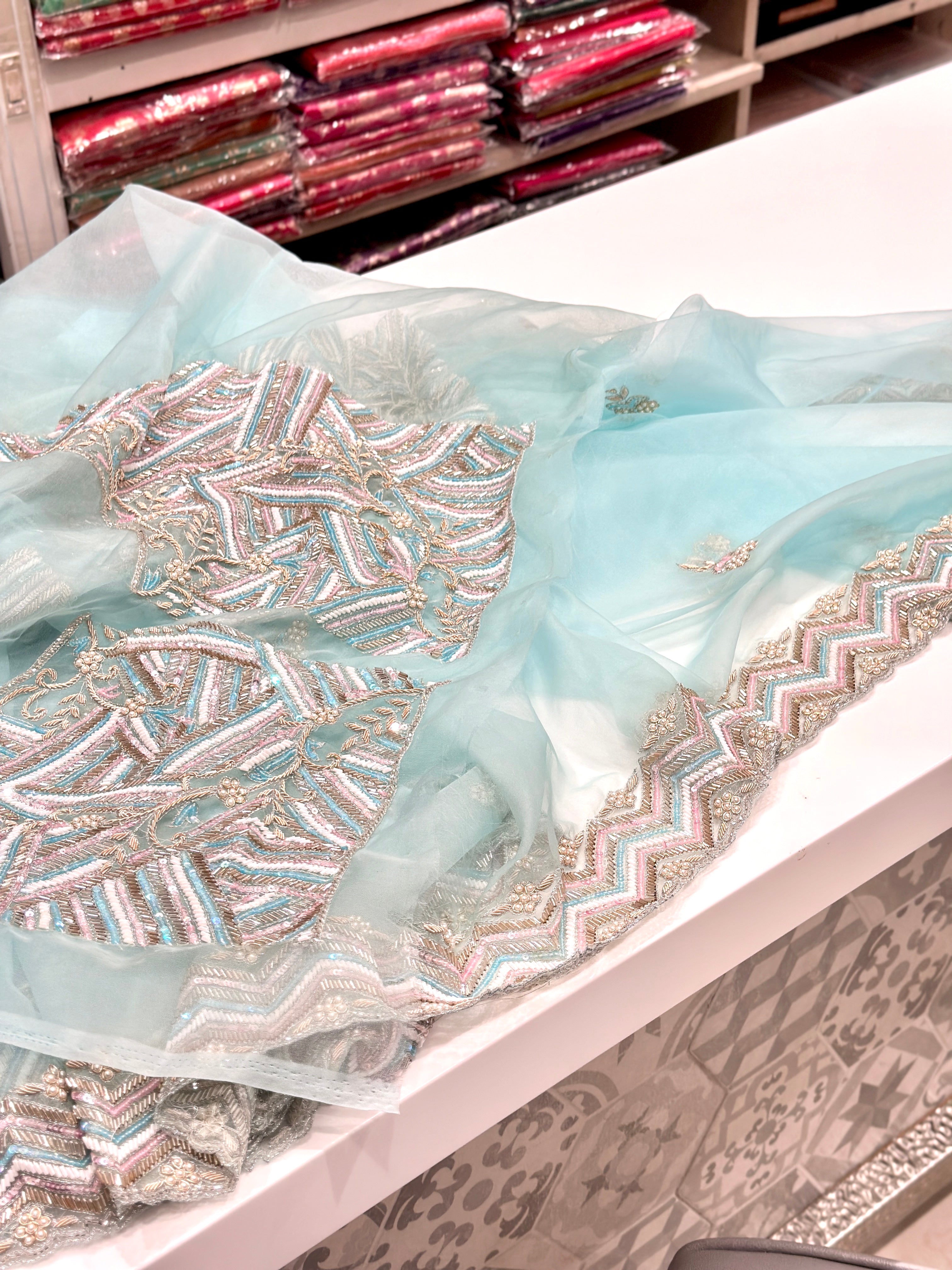 Blue Organza Heavy Blouse Saree Multi Colour