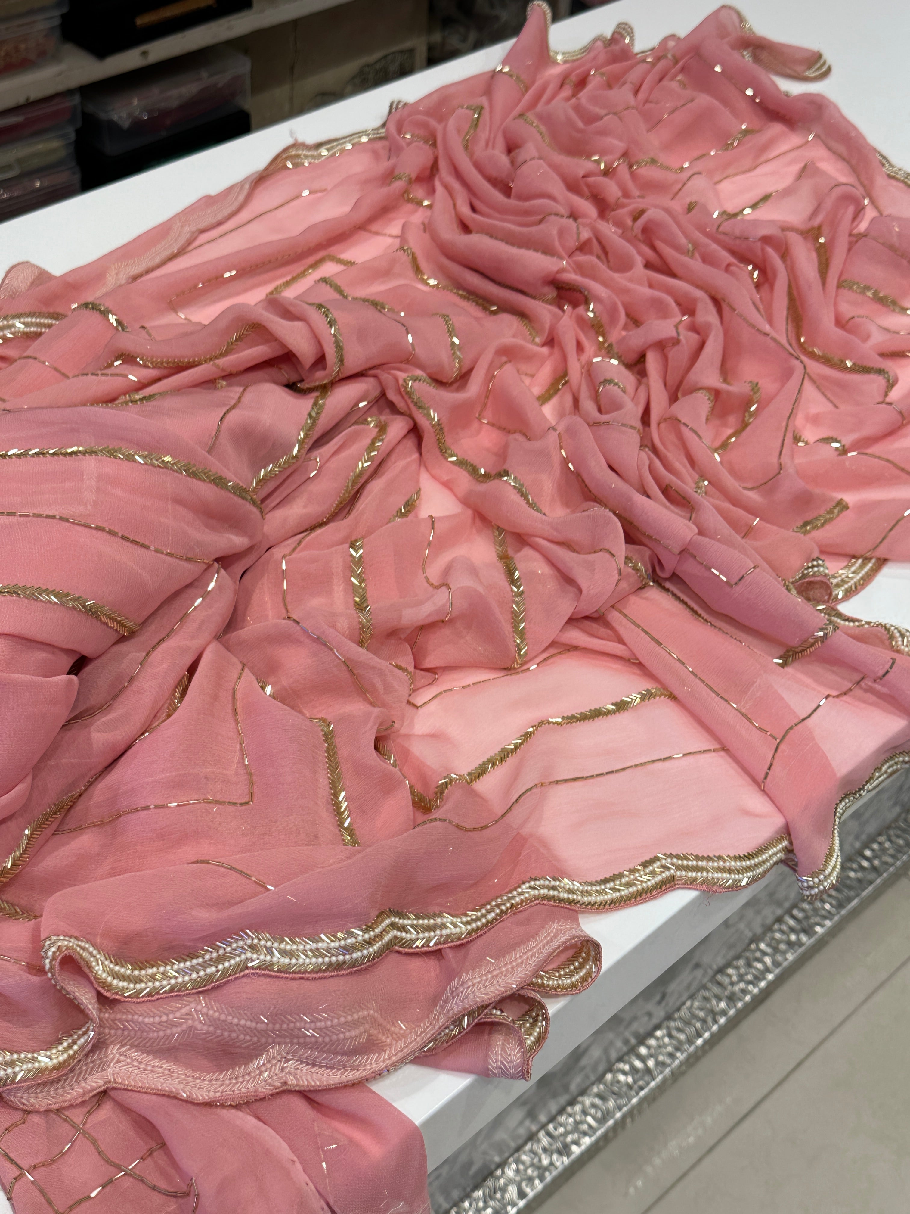 Peach Pink Georgette Contemporary Saree