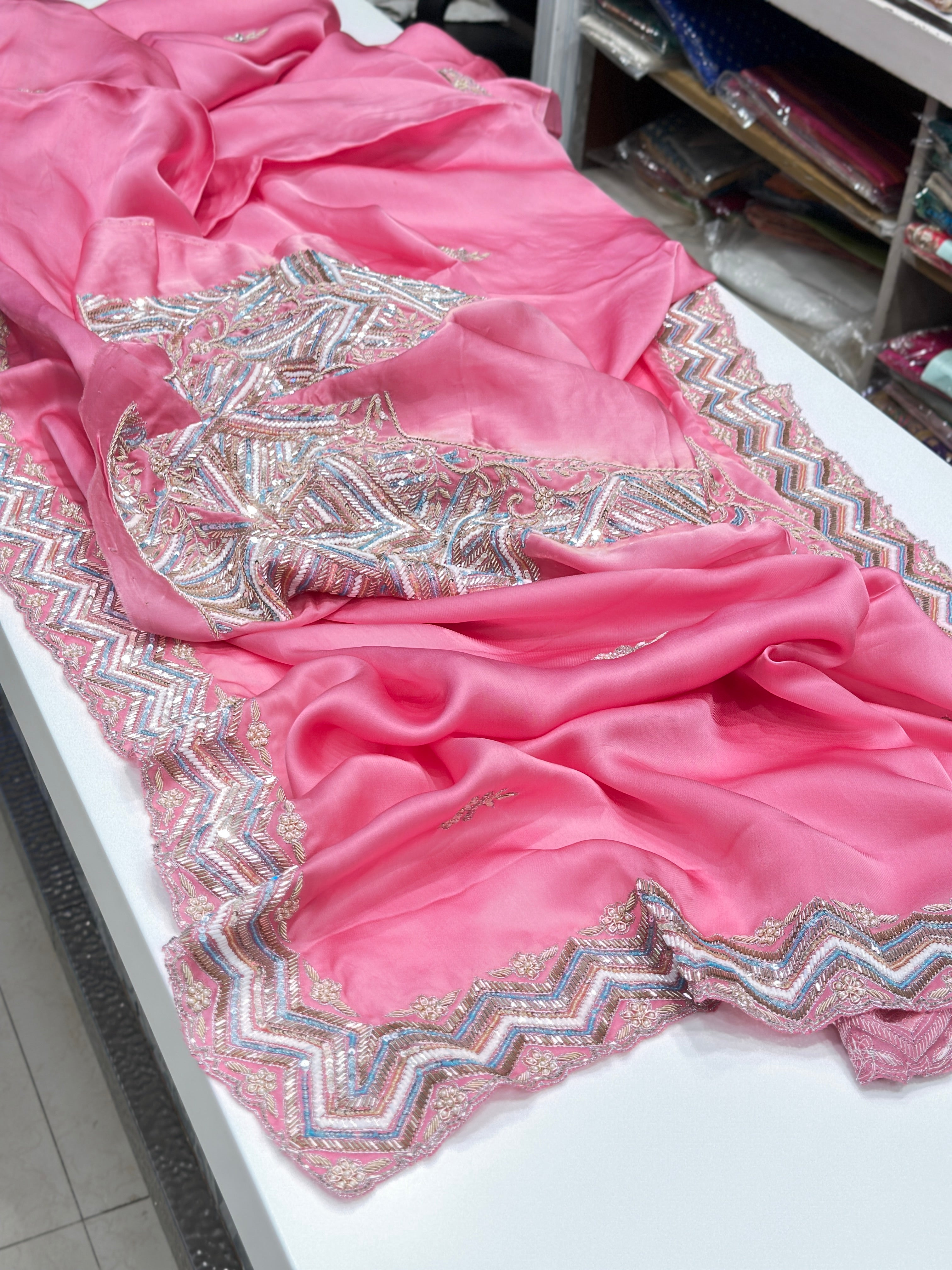 Pink Satin Organza Heavy Blouse Saree