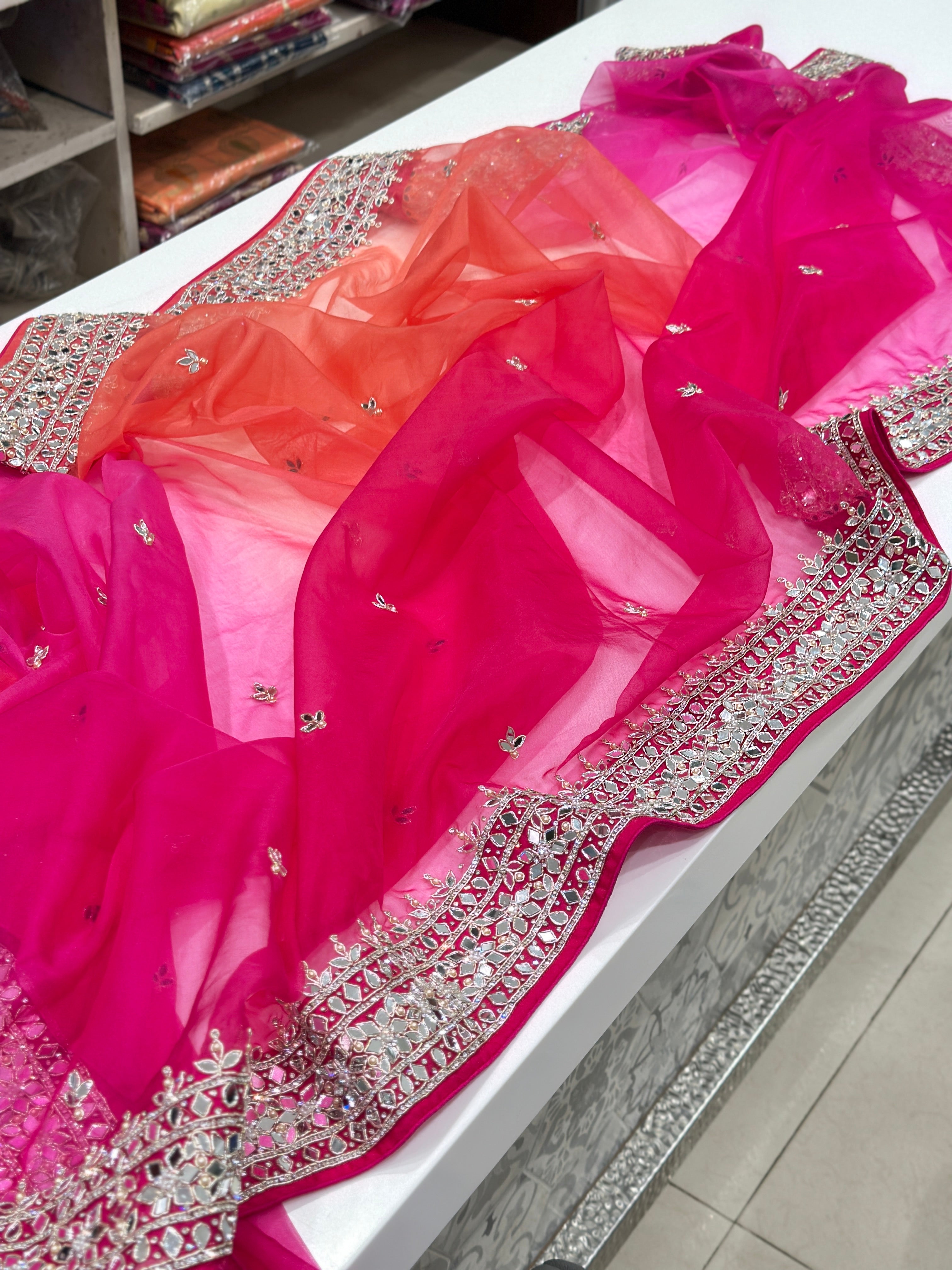 Rani Shaded Organza Mirror Embroidery Saree