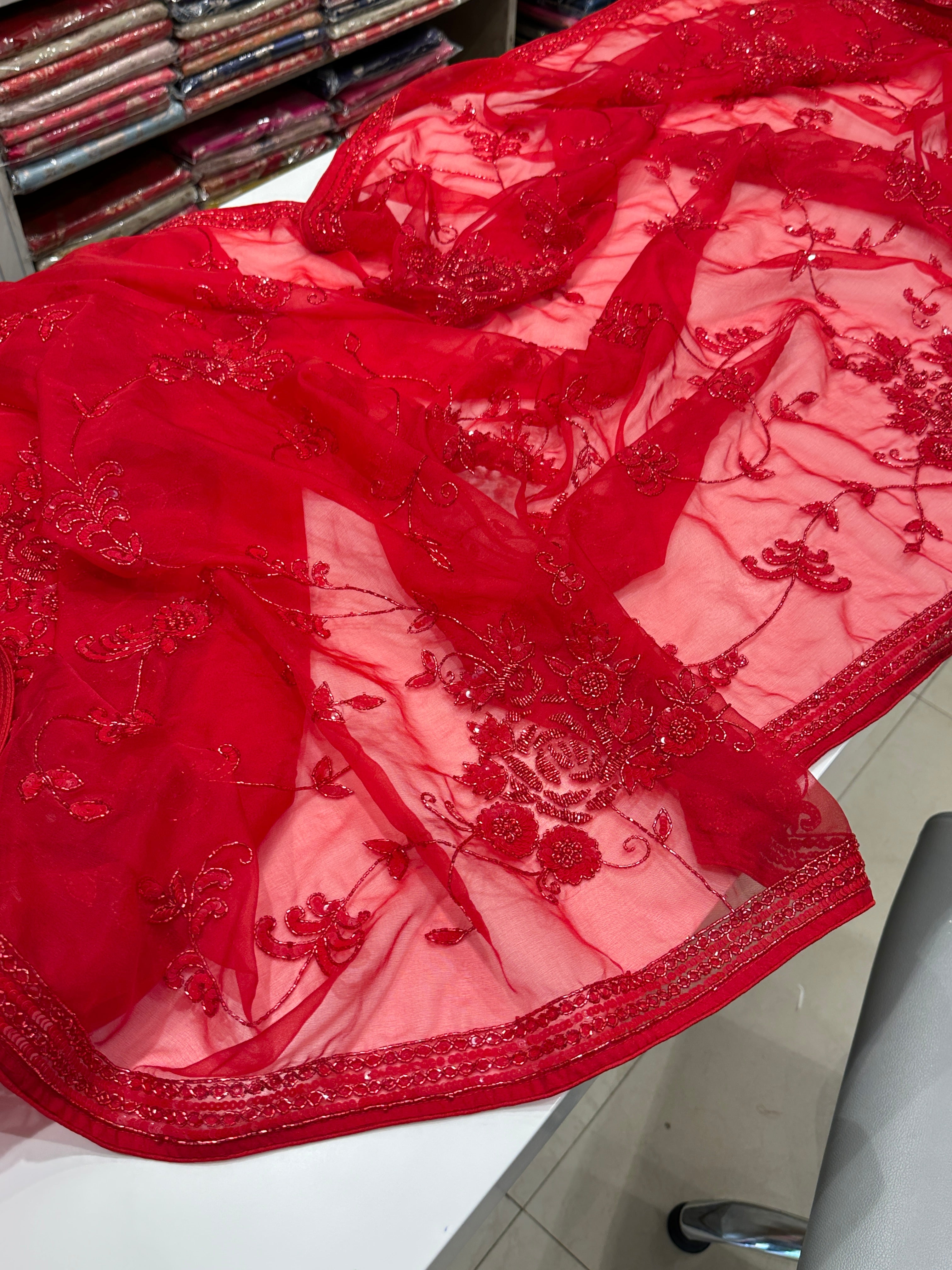 Red Organza Hand Embroidery Jaal Saree
