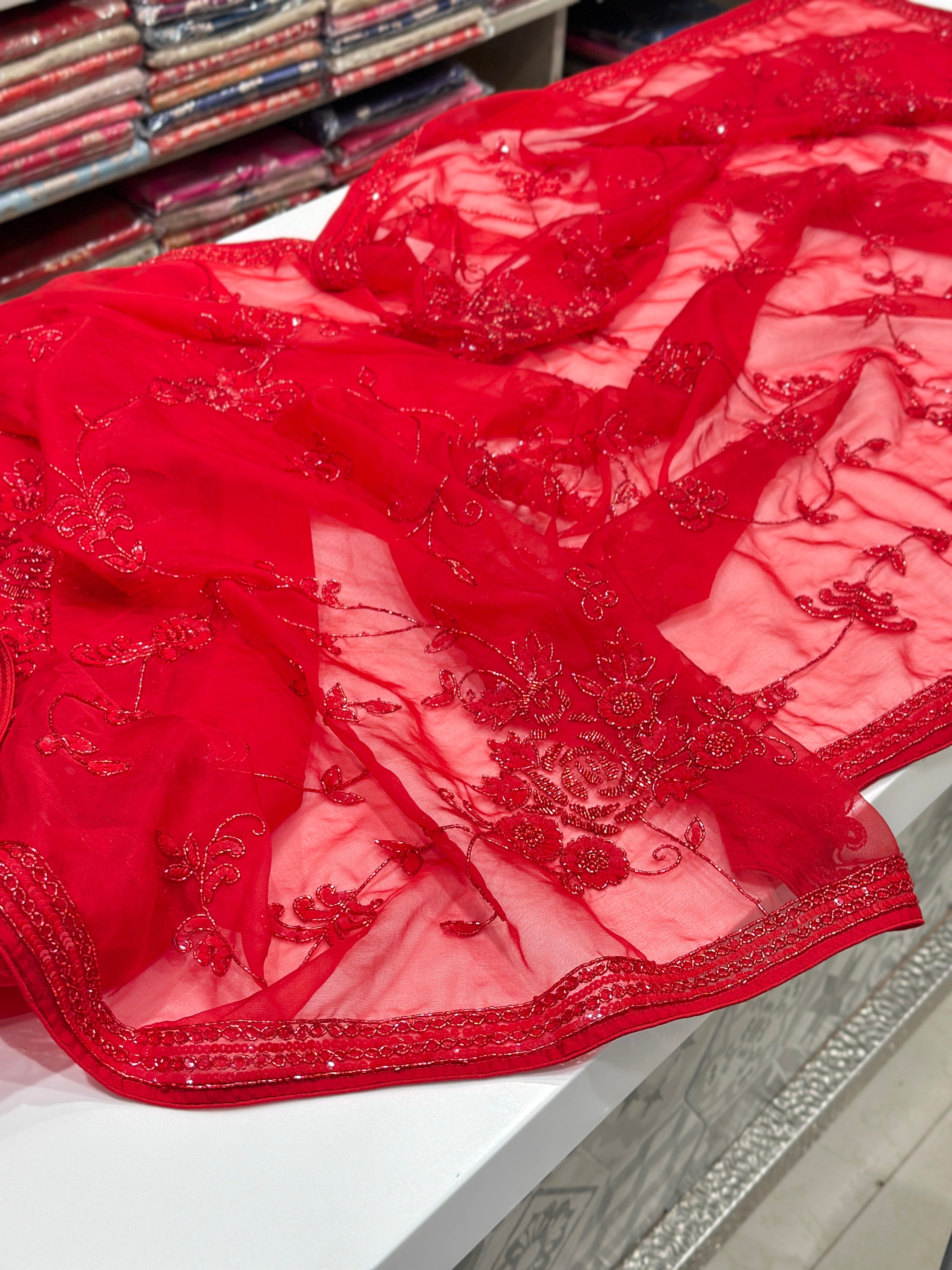 Red Organza Hand Embroidery Jaal Saree