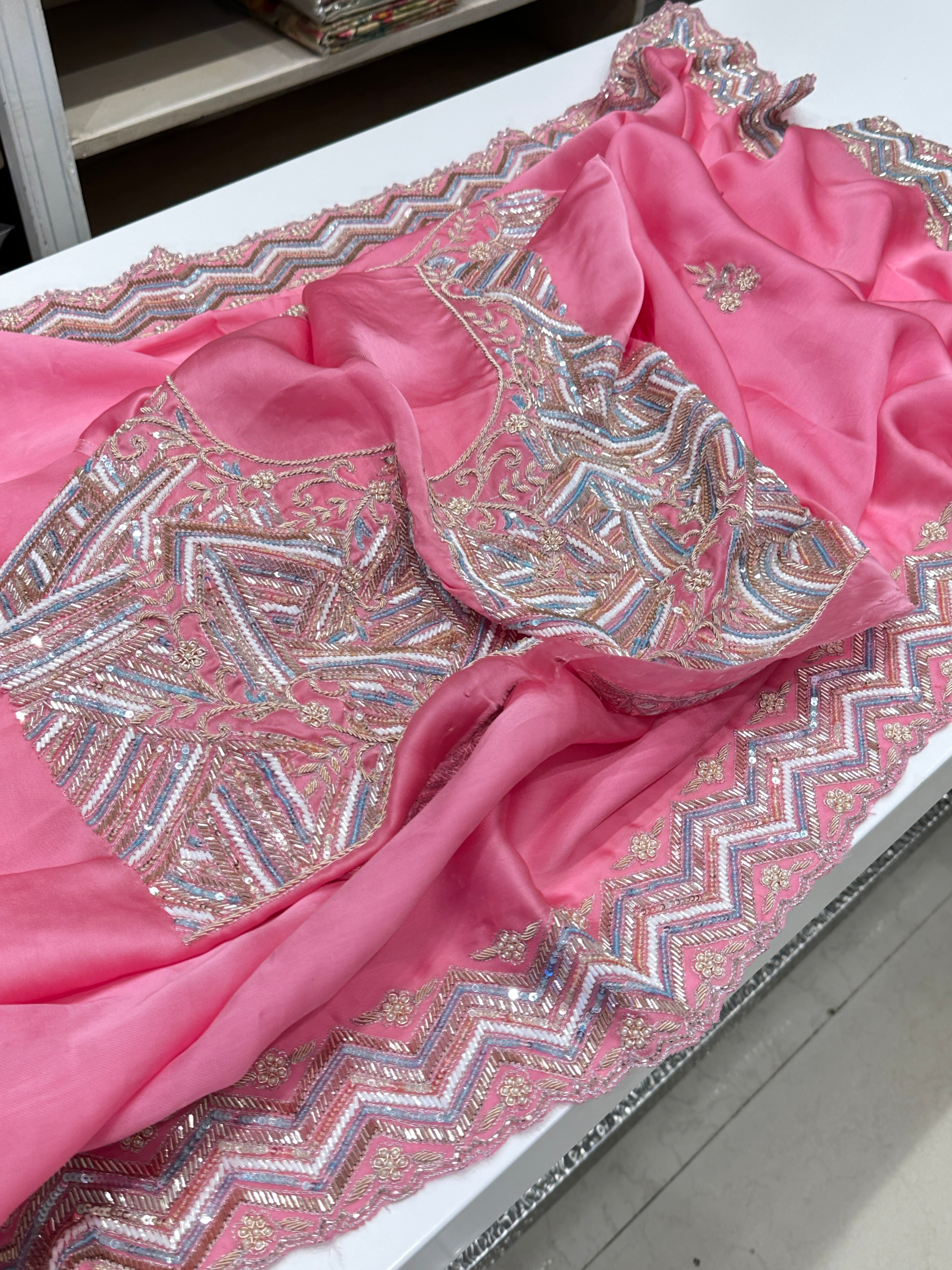 Pink Satin Organza Heavy Blouse Saree