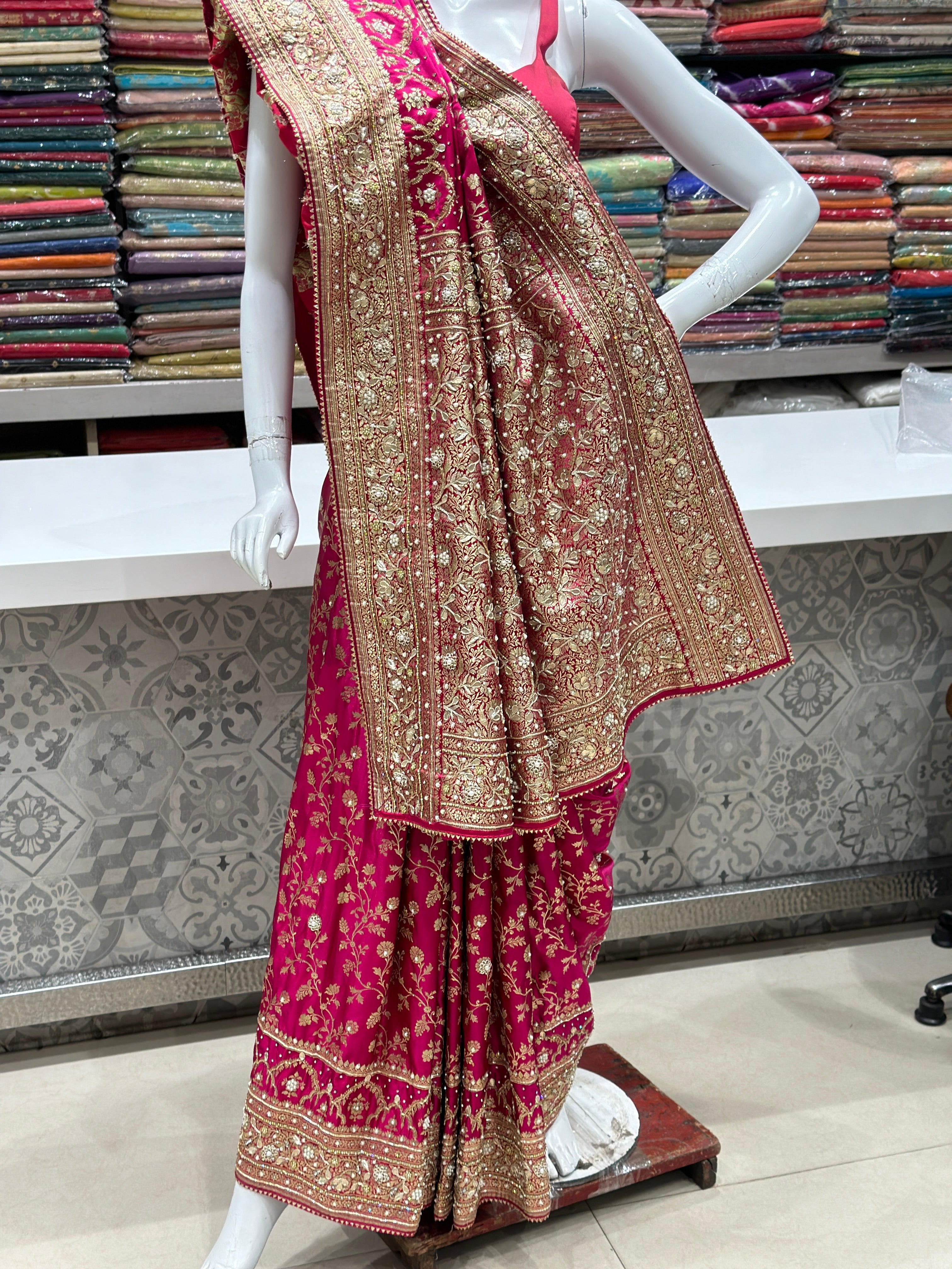 Wine Banaras Crown Hand Embroidery Saree
