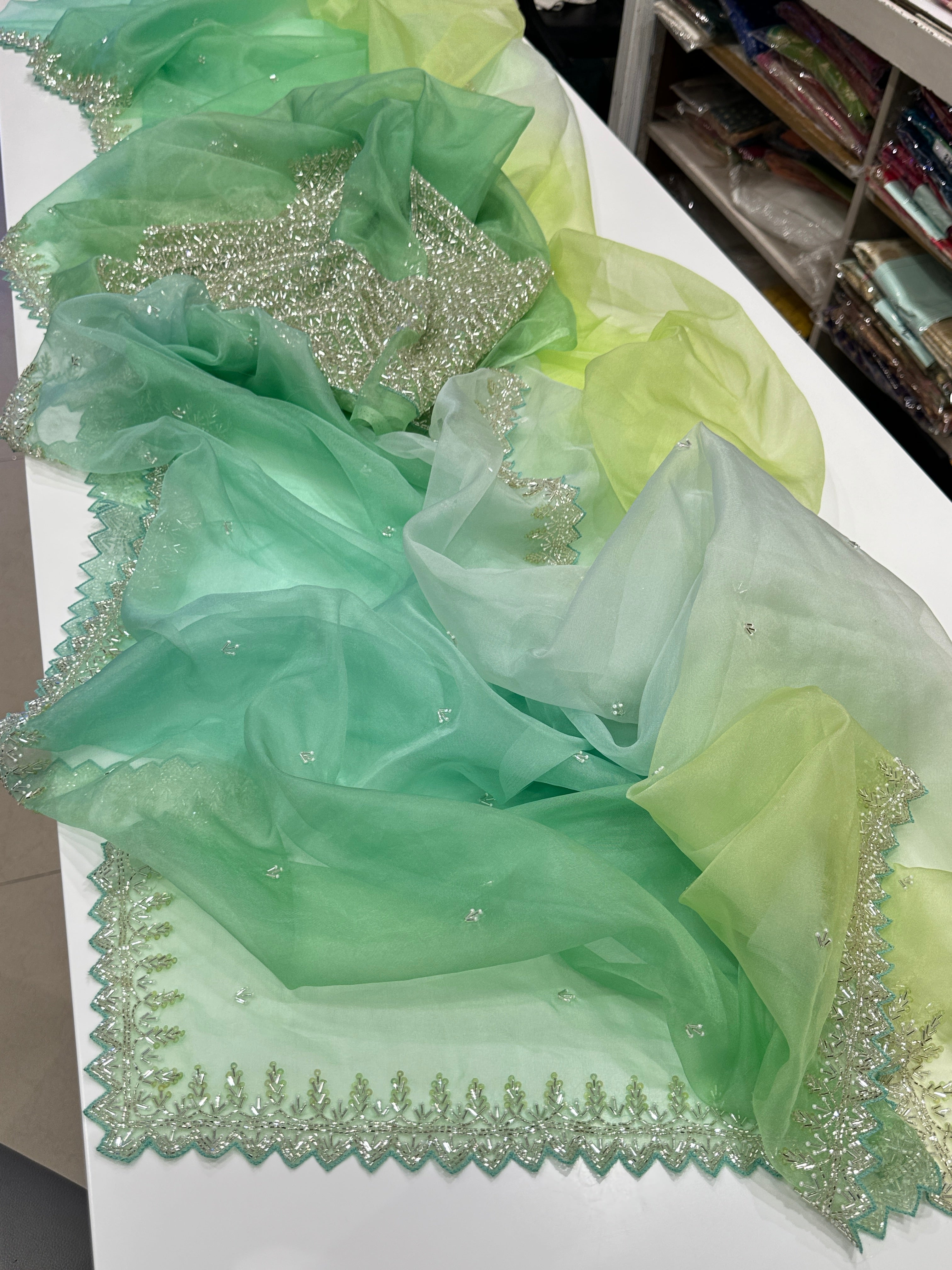 Green Shaded Organza Saree with Heavy Blouse