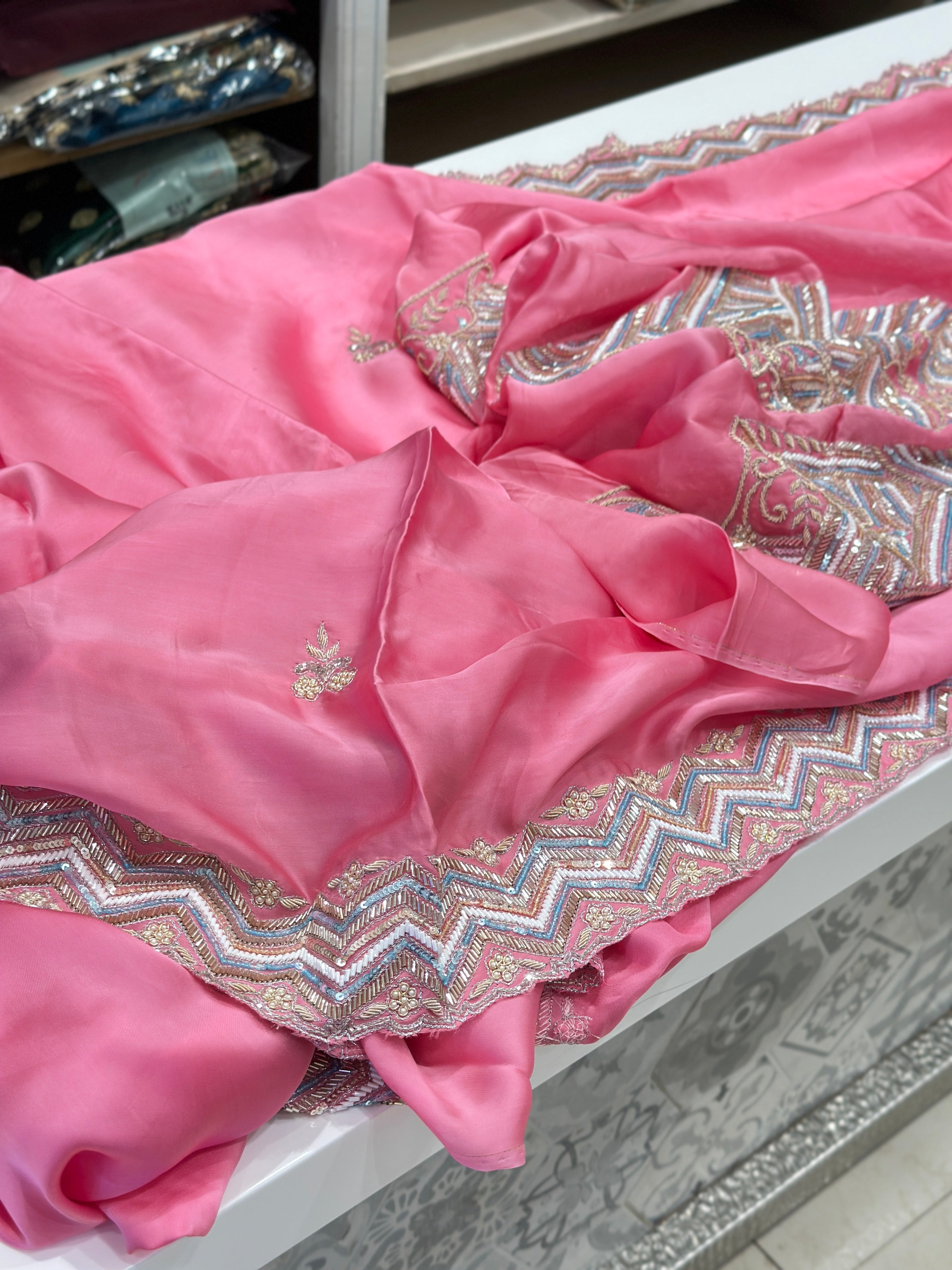 Pink Satin Organza Heavy Blouse Saree
