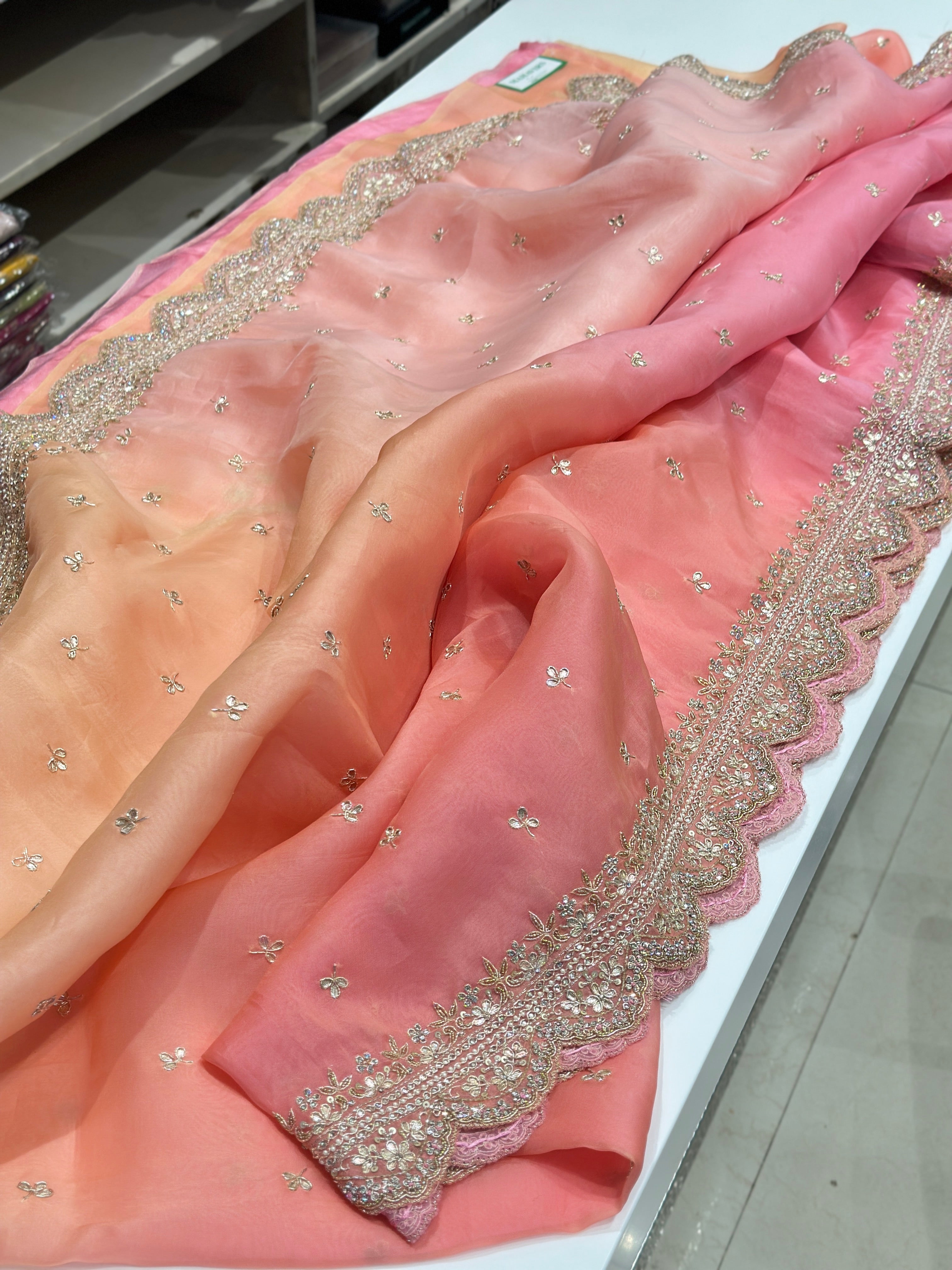 Shaded Pure Organza Saree Hand Embroidery Gota Zardosi